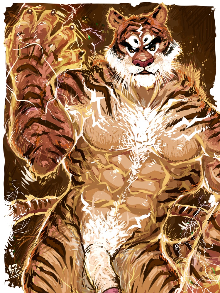 abs anthro balls biceps black_fur brown_fur feline flaccid frown fur furry humanoid_penis looking_at_viewer magic male male_only muscles no_humans nude orange_fur pecs penis pockyrumz solo stripes thunder tiger white_fur