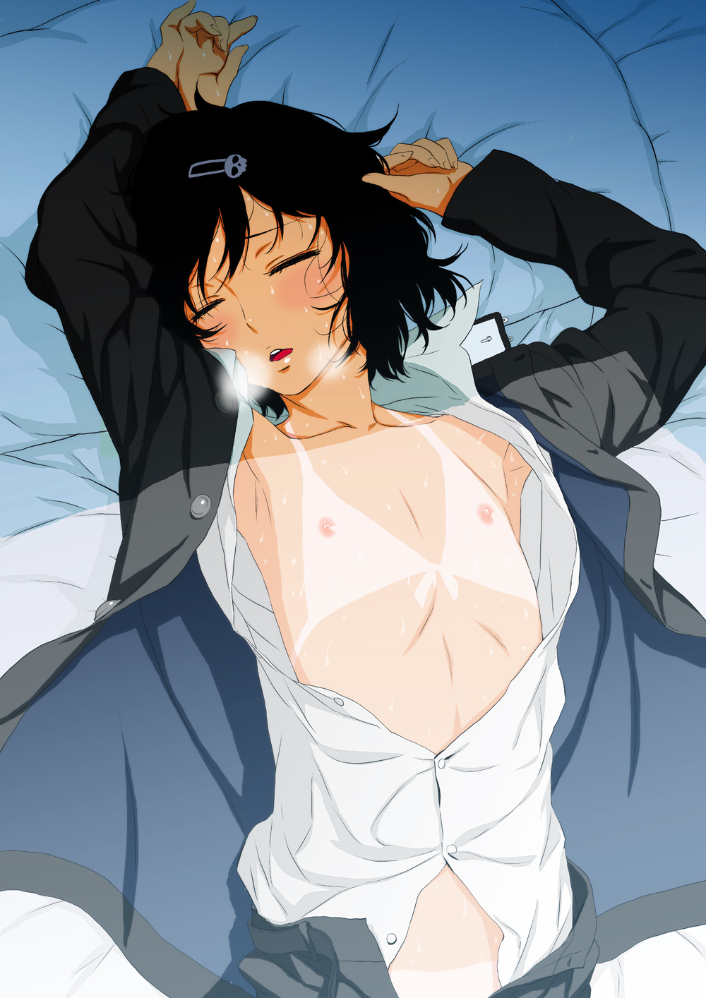 1boy areola areolae armpits black_hair blush clothing femboy flat_chest girly hair male male_only nipples on_back on_bed open_mouth shiny shiny_skin solo steins;gate sweat tagme tainline trap urushibara_luka urushibara_ruka wet