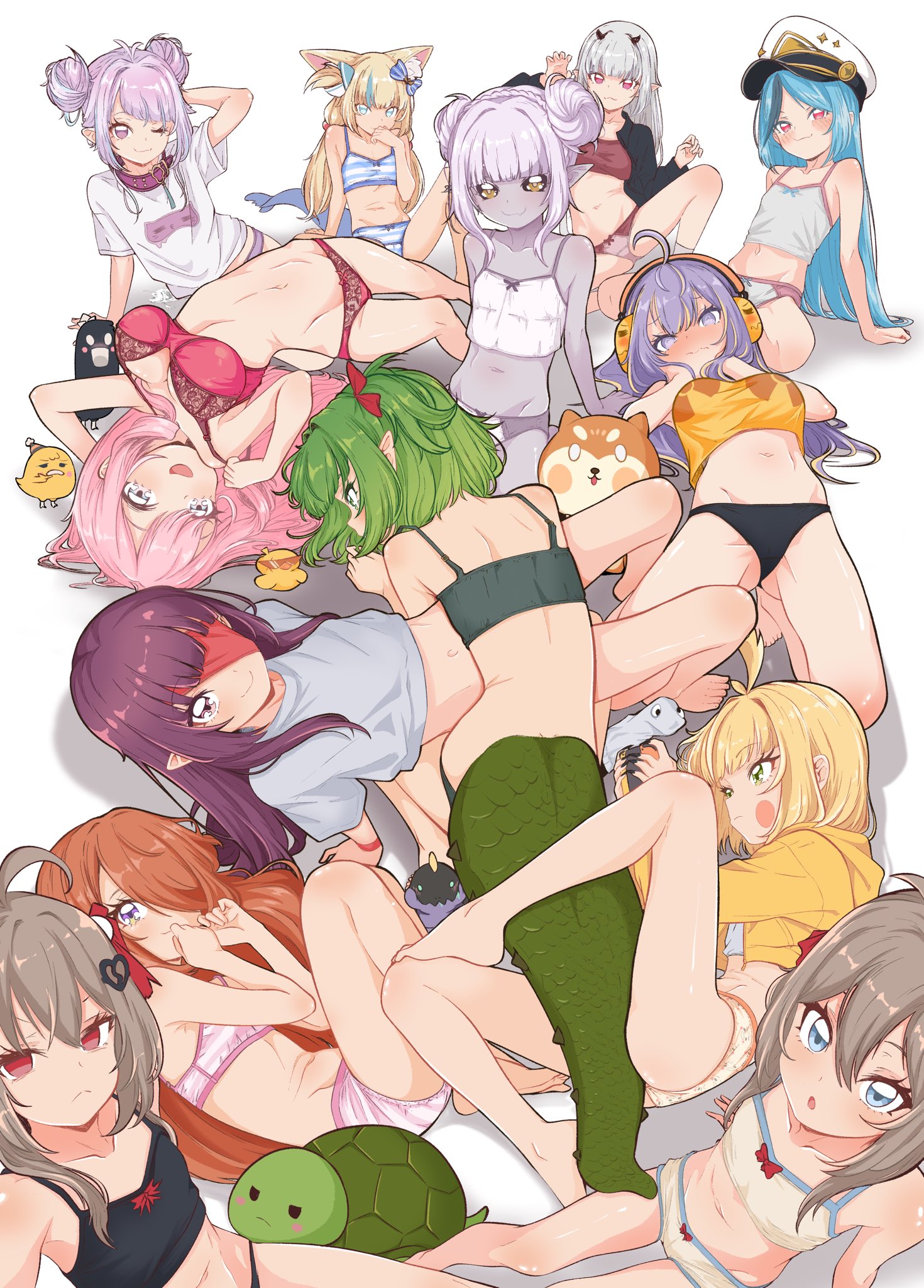 3am, artist request, big breasts, bird girl, black panties, blonde female, blonde hair, blush, bra, brown hair, character request, crocodile girl, crocodile tail, evil neuro, eyepatch, fallen shadow, fan mascot (vtuber), flat chest, green hair, group, indie virtual youtuber, inislein, kumo kuddelmuddel, looking at viewer, medium breasts, neuro-sama, nina saotome, nitya nil, olivia monroe, only female, panties, phase connect, pink hair, polka dot panties, purple hair, sameko saba, shondo (fallen shadow), small breasts, stretching, striped bra, striped panties, t-shirt, underwear, underwear only, virtual youtuber, vividly vivi, zenya hima