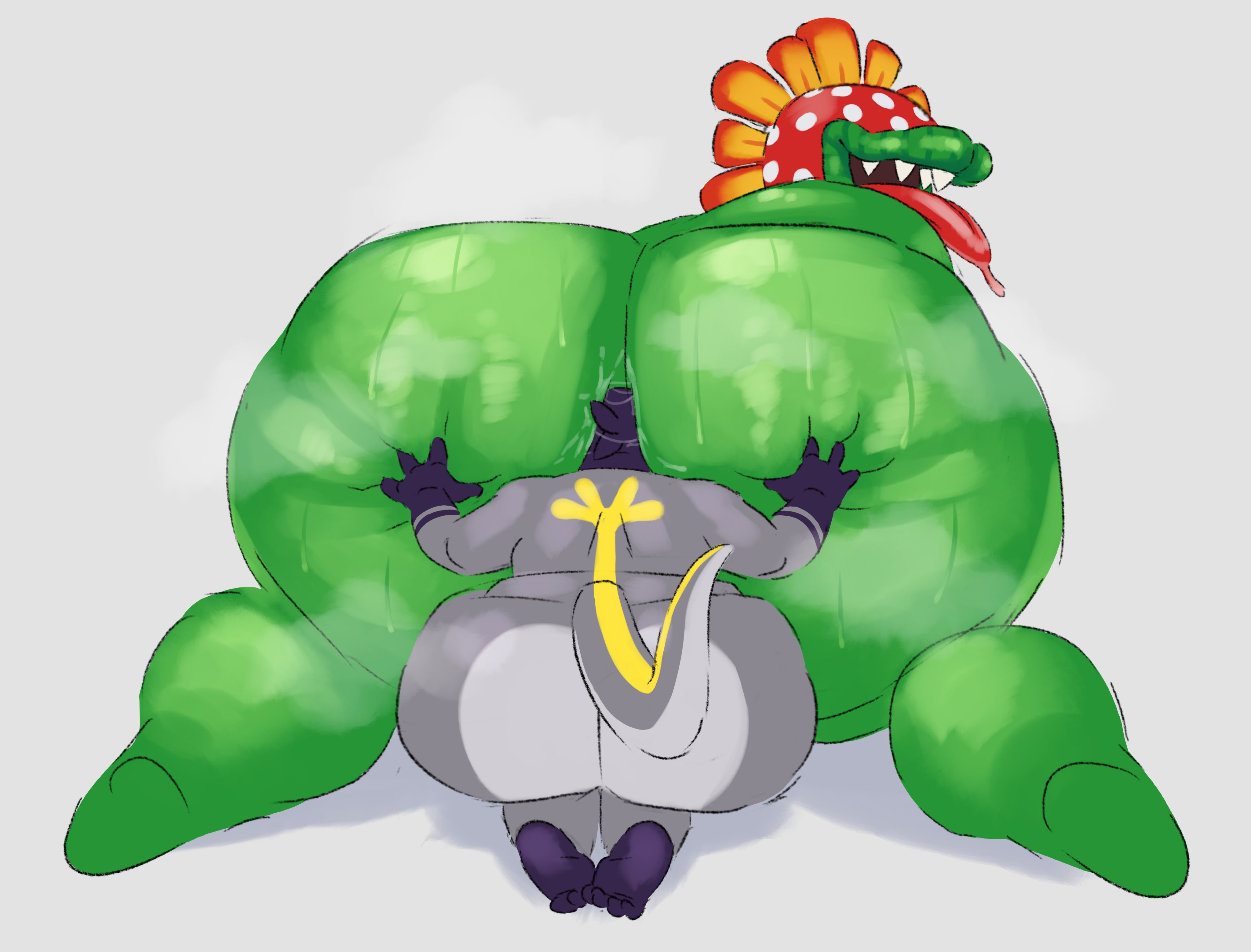 2boys, 2d, ass, ass bigger than head, ass in face, back to viewer, barefoot, big ass, chubby, chubby male, eating ass, face in ass, fat ass, feet, femboy, flora fauna, gay, girly, gripping ass, hand on ass, head in ass, huge ass, hyper ass, kneeling, larger male, laying down, lizard, looking back, looking back at another, male, male only, male/male, mario (series), massive ass, monster, monster boy, musk, musk clouds, musky, musky ass, naked, nintendo, no eyes, no genitals, non-human, nonhuman, nude, oc, petey piranha, plant, pokemon, pokemon (species), rimming, rimming male, salandit, saliva, saliva on ass, scalie, scalie male, simple background, size difference, sweat, sweaty, sweaty ass, sweaty body, sweaty butt, tail, teeth, the noodl3r, thick thighs, thighs, tongue, tongue out, twitter link