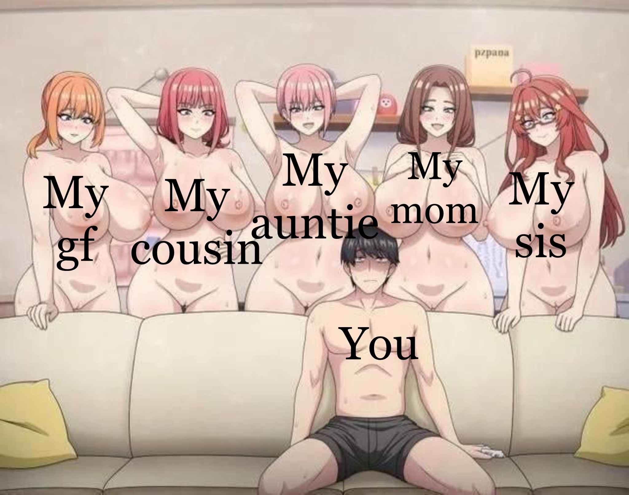 1boy, 2d, 5girls, ai generated, aunt, auntie, big ass, big boobs, big breasts, breasts, brunette, brunette female, bully, clothed male nude female, couch, couch sitting, cousin, cucked by bully, cuckold, cuckson, english text, female, gf, hourglass figure, hourglass figured female, human, human only, imminent reverse gangbang, imminent sex, large breasts, light skin, light-skinned female, light-skinned male, male, male/female, mommy, nipples, nude, nude female, nude female clothed male, pink hair, pink-haired female, piper perri surrounded, pussy, redhead, redhead female, shaved pussy, sisters, sitting, standing, you, younger male