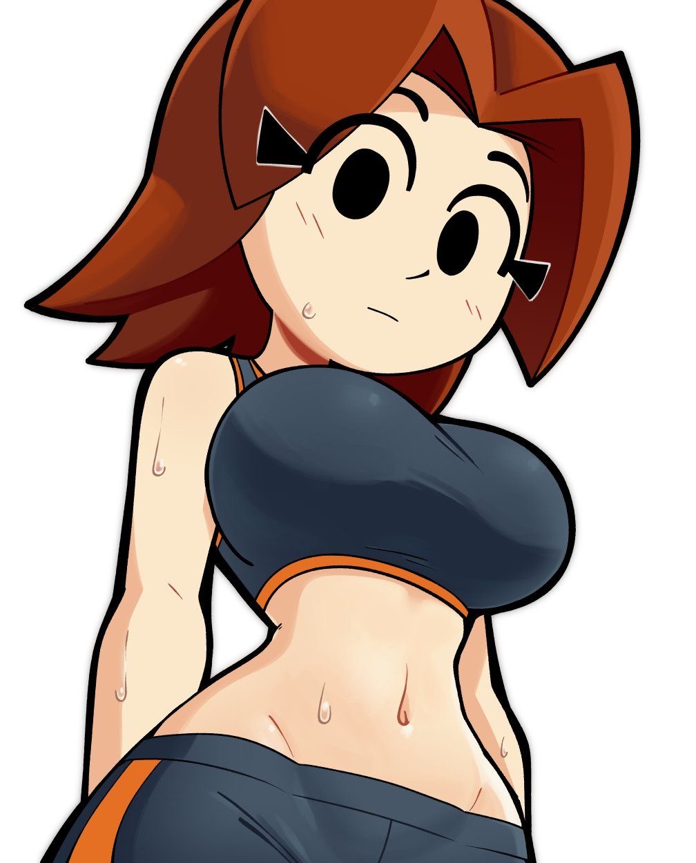 brown hair, looking at viewer, mii, mii gunner, mii gunner (smash 4), nintendo, scott falco, scottfalco (artist), sports bra, sportswear, sweat, sweating