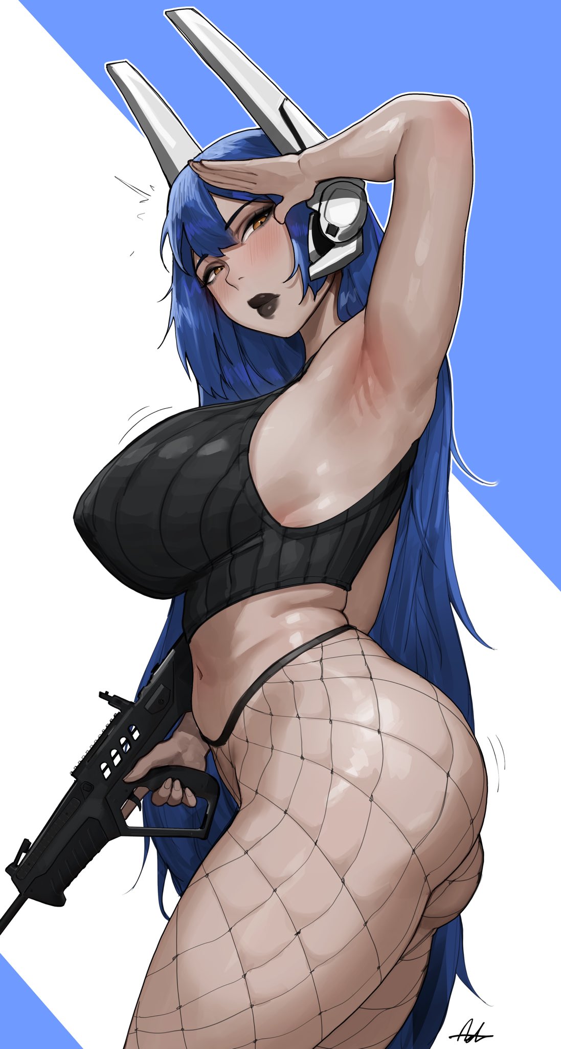 aelion draws, armpits, black lipstick, blue hair, clothed, fishnets, girls' frontline, gun, large breasts, lipstick, long hair, pinup, rifle, salute, simple background, tar-21 (girls' frontline)