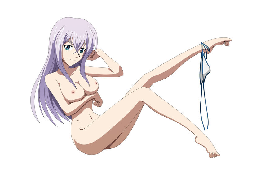 blue_eyes breast_support breasts cardfight!!_vanguard erect_nipples female large_breasts legs long_hair long_legs lowres misaki_tokura nipples nude panties panties_around_leg purple_hair simple_background sitting smile solo white_hair