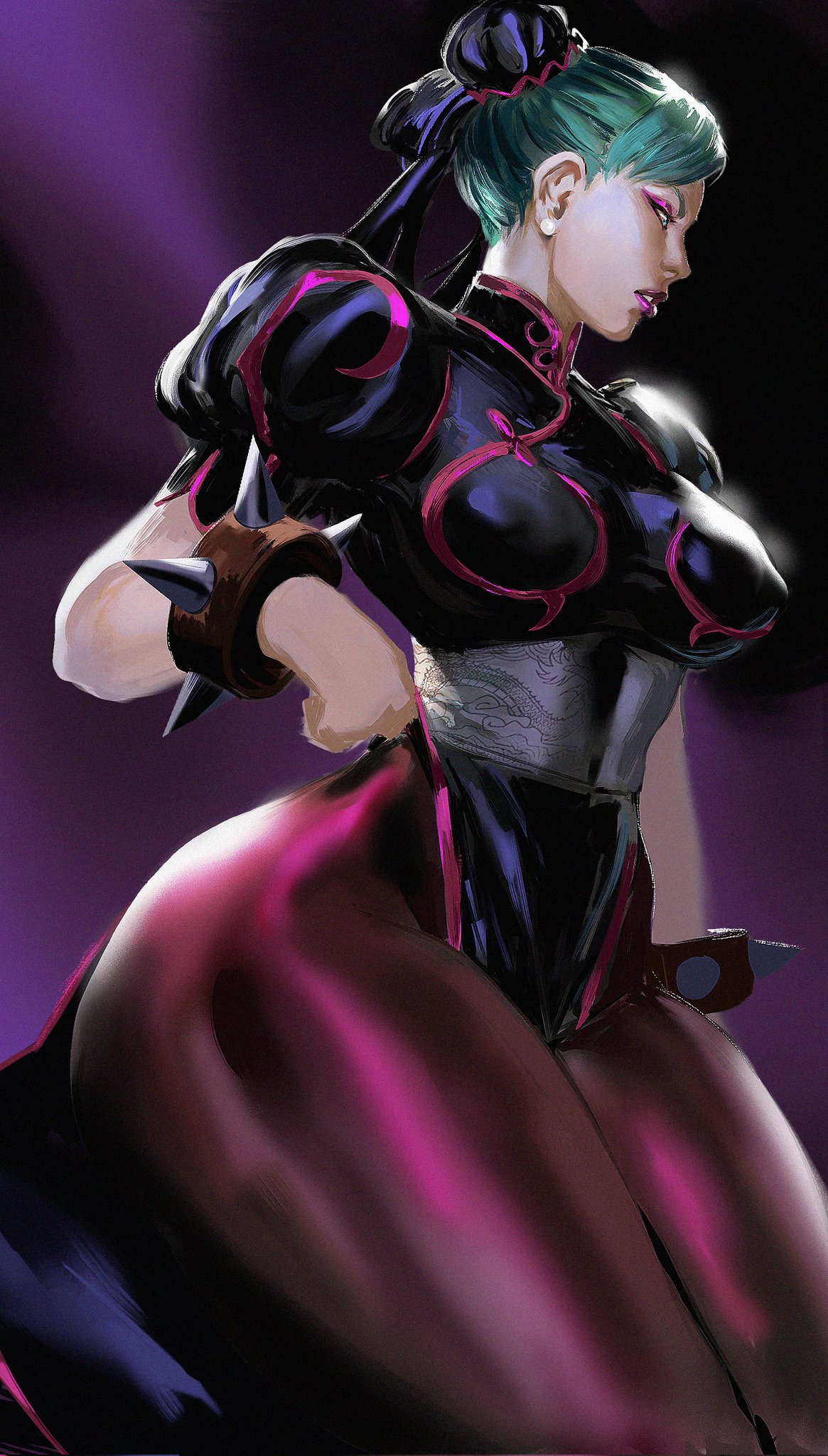1girls, 2d, 2d (artwork), alternate color scheme, alternate hair color, asian, asian female, big breasts, breasts, chinese female, chun-li, chun-li (cosplay), clothed, clothed female, darkstalkers, female, female focus, female only, fully clothed, green hair, large breasts, mashingvaquita, morrigan aensland, questionable, sfw, street fighter, street fighter 6, succubus, thick thighs, thighs bigger than head