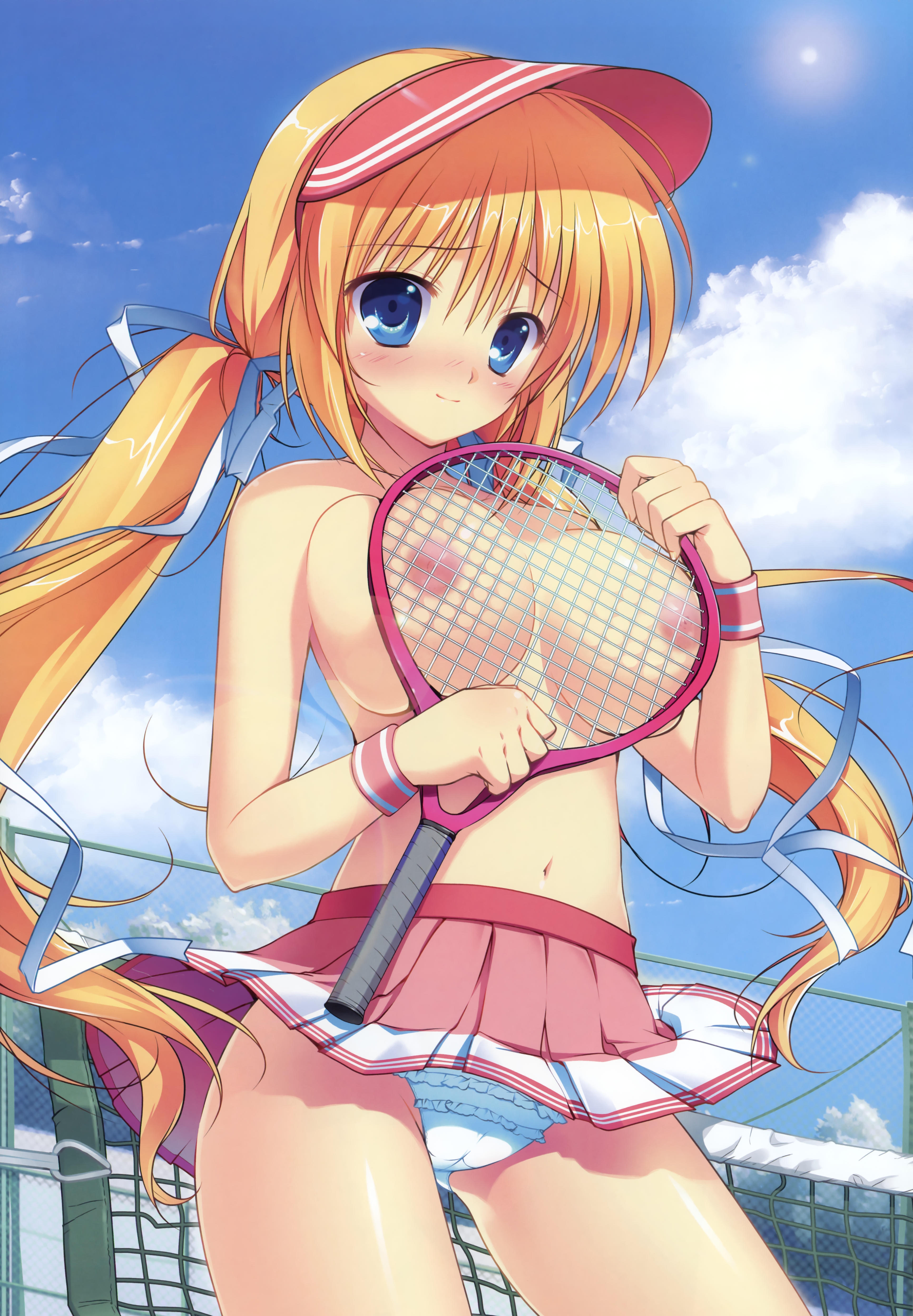 blonde hair, blue eyes, breasts, cameltoe, chain-link fence, cloud, female, high resolution, kazamatsuri mana, large breasts, manatsu no yoru no yuki monogatari, mikeou, net, nipples, panties, pussy, racket, skirt, sky, solo, sportswear, tennis, tennis racket, tennis uniform, topless, underwear, visor
