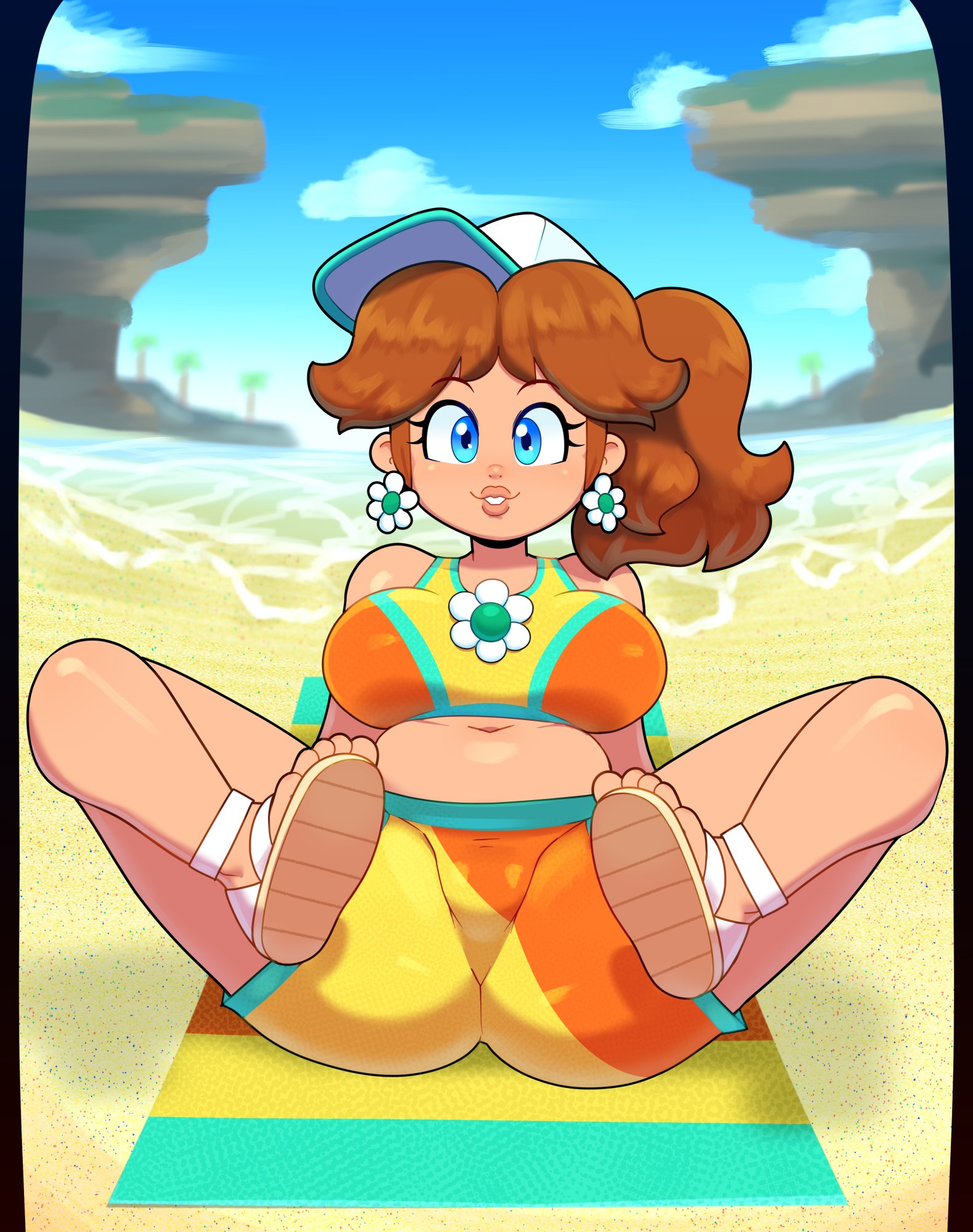 1girls, 2025, 2d, 2d (artwork), beach, big breasts, blue eyes, breasts, brown hair, cap, chubby, chubby female, clothed, clothing, completely nude, crown, female, female only, full body, hand on leg, hand on own leg, high resolution, highres, jpeg, light skin, light-skinned female, lips, mario (series), mario circuit, mario kart, mario kart world, nintendo, nude, nude female, plump, pose, princess daisy, princess daisy (swimwear), sandals, shorts, solo, solo female, somescrub, spread legs