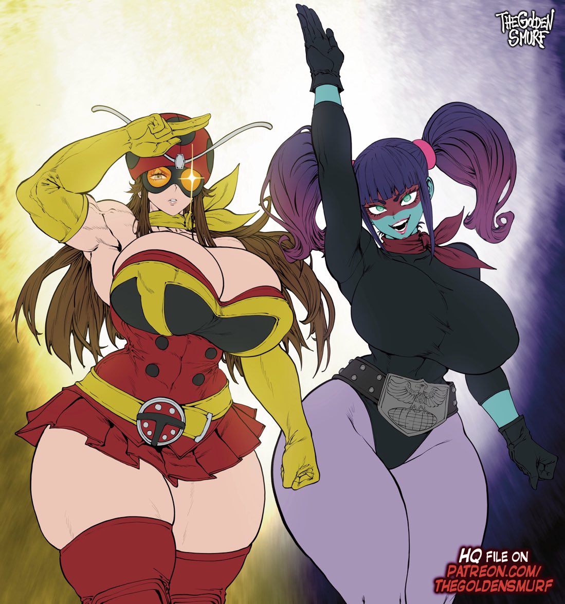 2girls, armpits, ass, big breasts, big butt, big thighs, breasts, curvy, curvy body, curvy female, curvy females, curvy figure, curvy hips, curvy thighs, duo, electro wave human tackle, female, female only, hair, kamen rider, lips, looking at viewer, okada yuriko, shocker (kamen rider), superhero costume, superheroine, thegoldensmurf, thick, thick ass, thick butt, thick hips, thick legs, thick thighs, tojima wants to be a kamen rider, toujima tanzaburou wa kamen rider ni naritai, yukarisu, yuriko tackle
