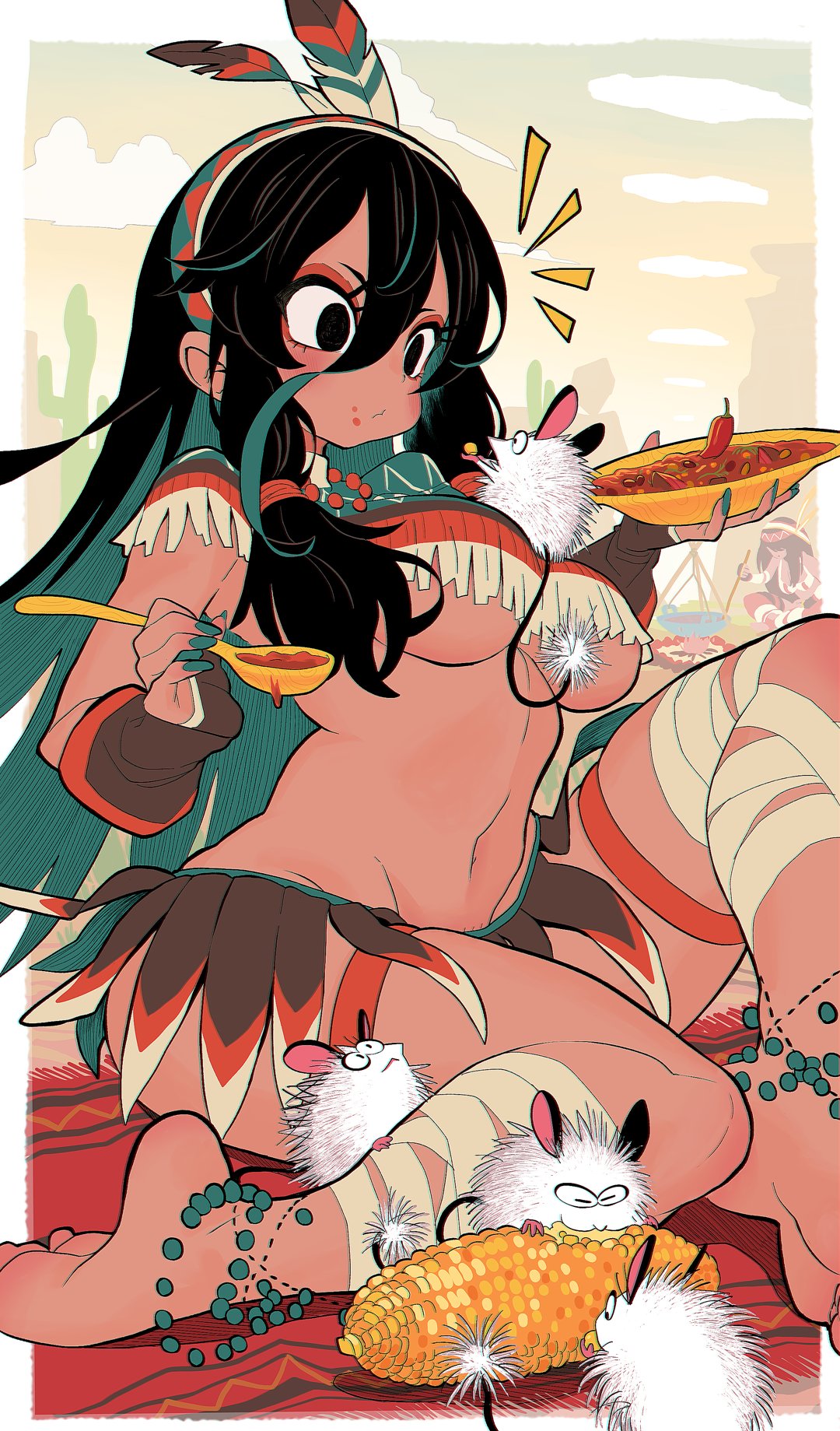 2025, barefoot, black eyes, black hair, breasts, campfire, corn, cutlery, eating, eyelashes, feather accessory, feet, female, feral, food, fur, gashi-gashi, group, hair, hi res, holding object, human, kitchen utensils, mammal, mouse, murid, murine, native american, navel, plant, rodent, sitting, size difference, spoon, standing on another, tail, tools, under boob, white body, white fur