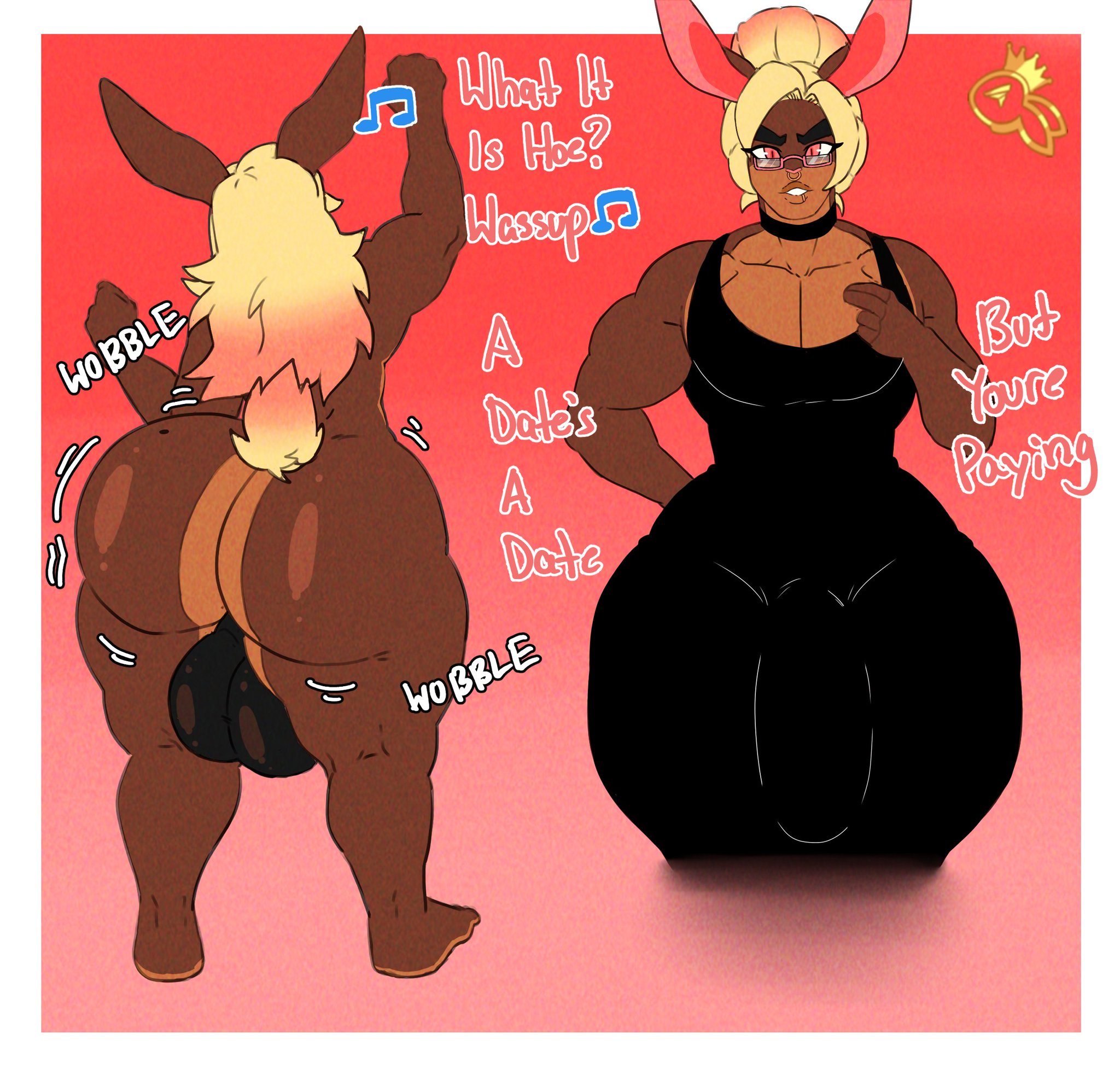 2023, 2d, 2d (artwork), 2d artwork, ass, ass bigger than head, asscheeks, balls, beauty mark on ass, big ass, big balls, big butt, big penis, big testicles, black dress, blonde hair, blonde-haired male, brown body, brown fur, bunny, bunny boy, bunny ears, crossdressing, crossdressing male, dress, dustin (zeromccall), femboy, femboy only, furry, furry male, furry only, glasses, hips, hips wider than shoulders, large balls, large penis, large testicles, lips, male, mole, mole on ass, muscular, muscular femboy, muscular male, naked, naked male, nose piercing, nose ring, nude, nude male, pecs, penis, penis visible through clothing, pink eyes, rabbit boy, rabbit ears, testicles, thick thighs, thighs, wide hips, wiggle, wiggling ass, zeromccall