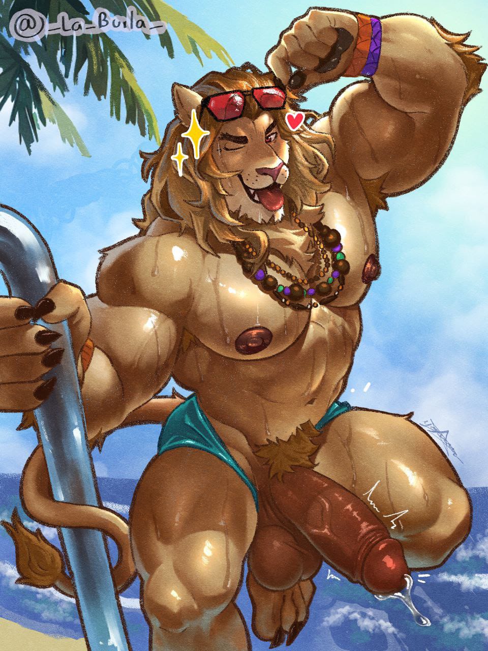 armpits, aureola, beach, big balls, big breasts, big penis, big thighs, bracalets, clawed fingers, claws, cooler, dick, erection, fangs, feet, fortnite, fortnite: battle royale, fur, furry, furry ears, furry male, furry tail, hot, kingston (fortnite), la burla, león, lion, mane, muscles, muscular, muscular thighs, necklace, nipples, pectorals, precum, precum drip, pubic hair, shiny skin, sky, summer, sunglasses, sunglasses on head, sunlight, sweat, sweatdrop, sweating, swimsuit, thong, thong aside, tounge out, underwear, water