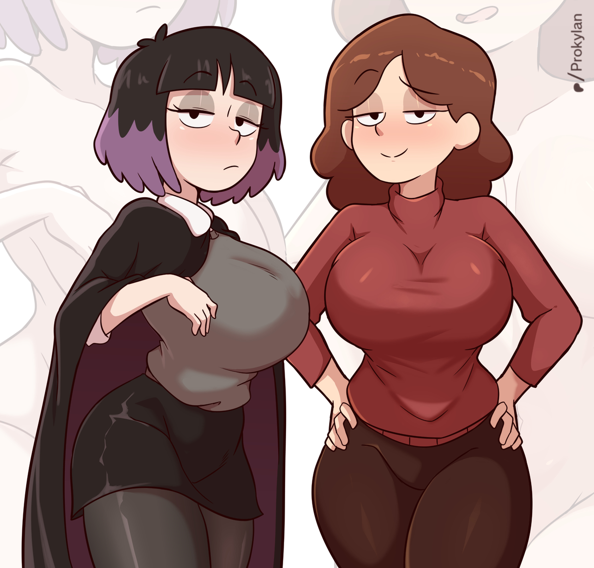 2girls, ass, big breasts, blush, breasts, cleavage, clothed, clothing, female, female focus, female only, glasses, hilda (series), johanna (hilda), kaisa (hilda), mature female, milf, netflix, prokylan, tagme