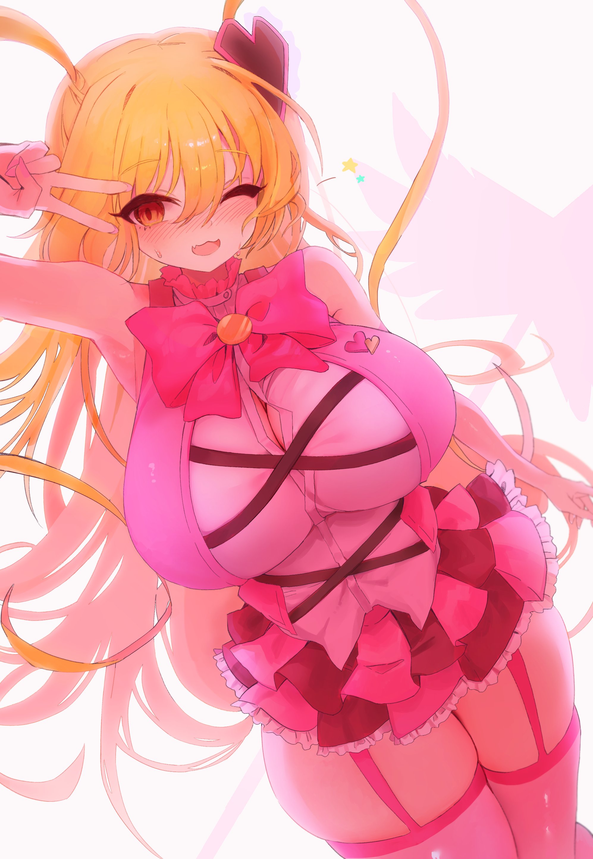 1girls, blonde hair, breasts, cleavage, don quixote (limbus company), eyebrows visible through hair, female, female only, garter belt, garter straps, huge breasts, in the name of love and hate (e.g.o), limbus company, long hair, looking at viewer, myago, one eye closed, project moon, queen of hatred, queen of hatred (cosplay), skirt, sleeveless, smile, thick thighs, thighhighs, tied hair, twintails, wink
