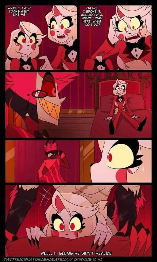 1boy, 1girls, acting, alastor (hazbin hotel), blush, broken, broken sex toy, charlie morningstar (hazbin hotel), darkus, doll, female, fucking, hazbin hotel, katorishimatsu, male, scared, shirtless, shirtless male, smiling, tagme, text, worried, worried expression