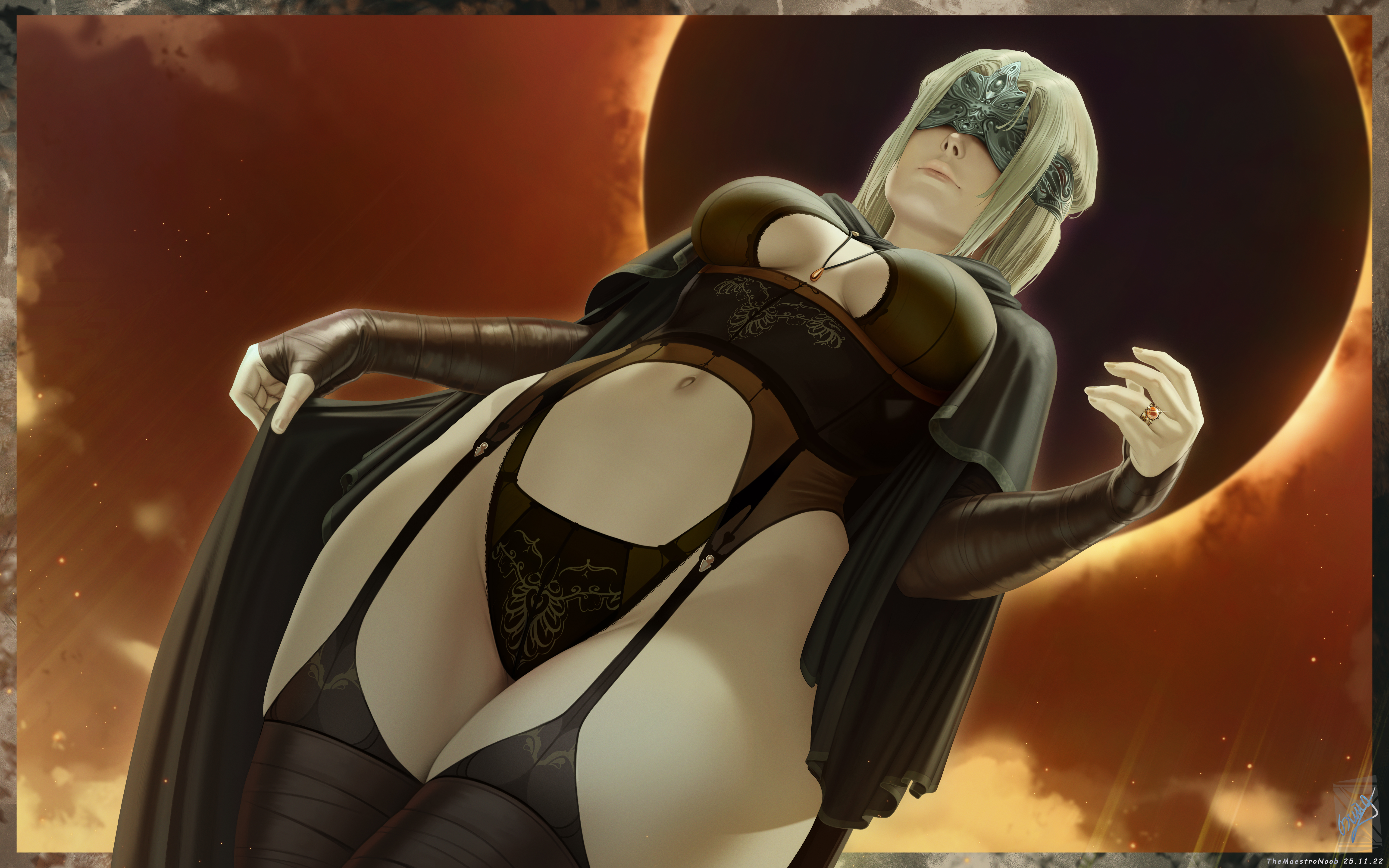 black legwear, blonde hair, breasts, dark souls, dark souls 3, female, fire keeper, garter straps, light skin, light-skinned female, lingerie, long hair, pale skin, pale-skinned female, sky, solo, standing, stockings, themaestronoob, thighhighs