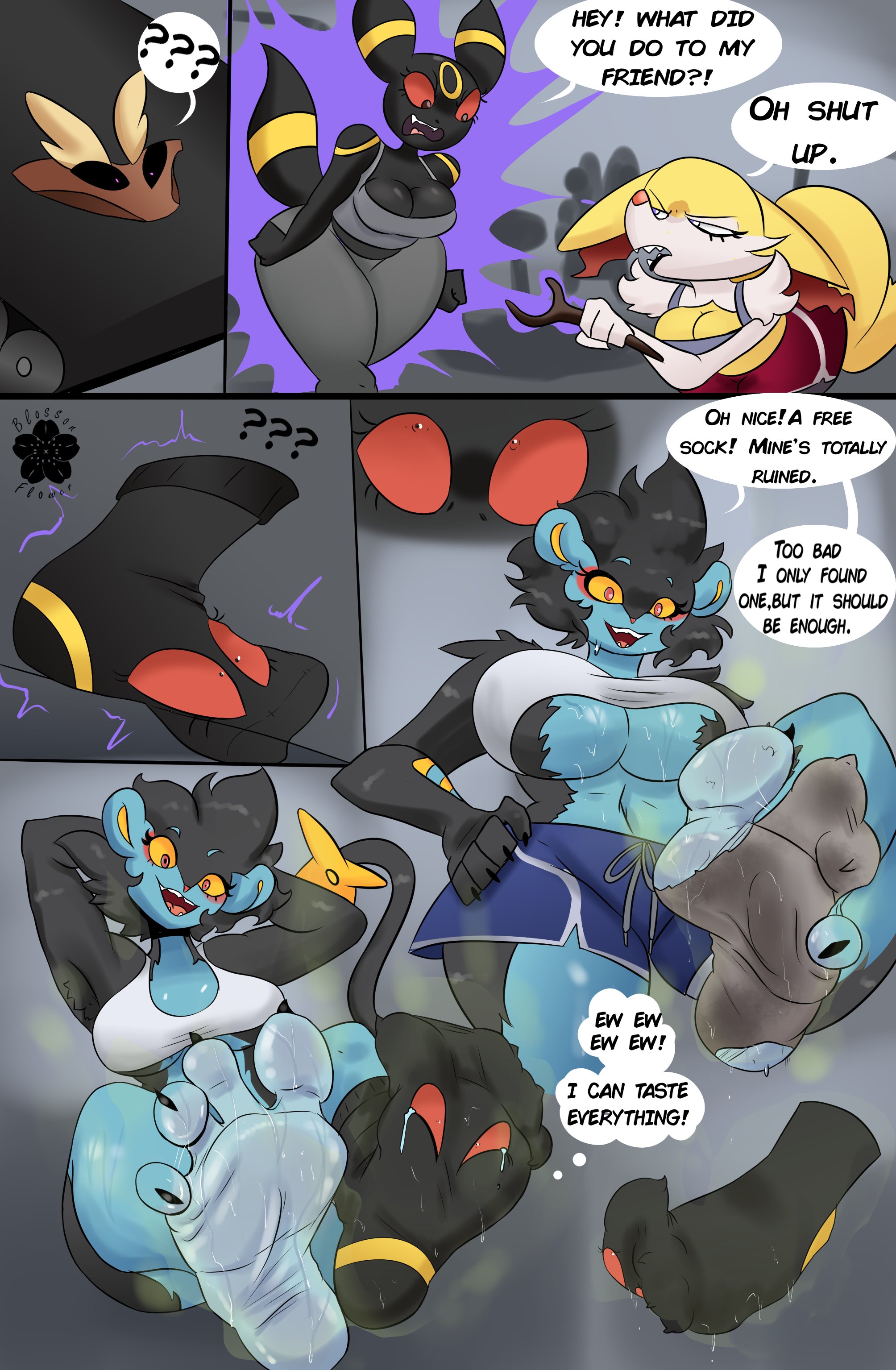 3girls, anthro, anthro only, artist name, artist signature, ass, ass focus, black eyes, black fur, black pupils, blossonflower, blue fur, blue shorts, braixen, breasts, brown panties, bubble ass, bubble butt, crying, crying with eyes open, face in underwear, feet focus, female, female only, foot fetish, furry, gigantic ass, grey topwear, gym, gym clothes, gym equipment, gym shorts, gym uniform, huge ass, inanimate, inanimate transformation, large ass, large breasts, large ears, large tail, lopunny, luxray, machine, magic, no socks, panties, pink pupils, pink shorts, pink topwear, pokemon, pokemon (species), purple eyes, red eyes, red pupils, red shorts, revenge, scared expression, smiling, sock transformation, socks, speech bubble, sticking out tongue, stink fumes, stinky, struggling, surprised expression, sweatdrop, sweating, sweaty, sweaty ass, sweaty body, sweaty feet, tail, tanktop, thought bubble, tired, torn socks, transformation, treadmill, umbreon, underwear, underwear transformation, white fur, white tank top, yellow eyes, yellow fur, yoga pants