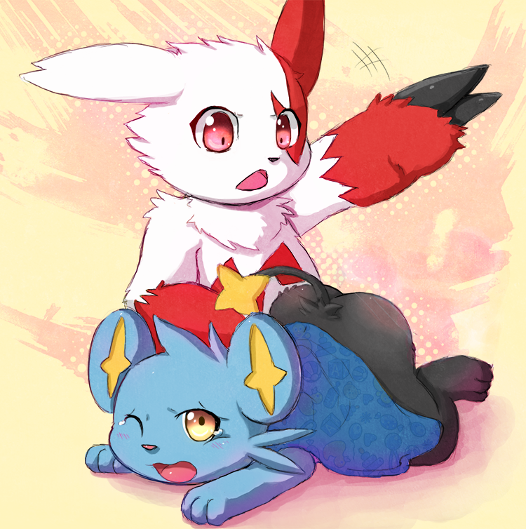 ambiguous_gender blue_fur nintendo pokemon pokemon_(species) red_markings ruugiaruu shinx spanking video_games white_fur zangoose