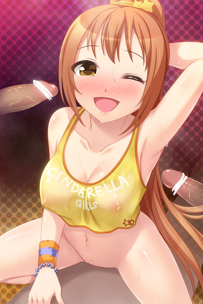 :d arm_up armpits bare_shoulders blush bottomless breasts brown_eyes brown_hair censored cleavage clothes_writing collarbone cowgirl_position female from_above fujimiya_yuu hair_ornament human idolmaster idolmaster_cinderella_girls long_hair male multiple_penises navel nipples open_mouth penis ponytail see-through sex smile solo_focus star straddle straight sweat tied_hair wakabayashi_tomoka wink wristband