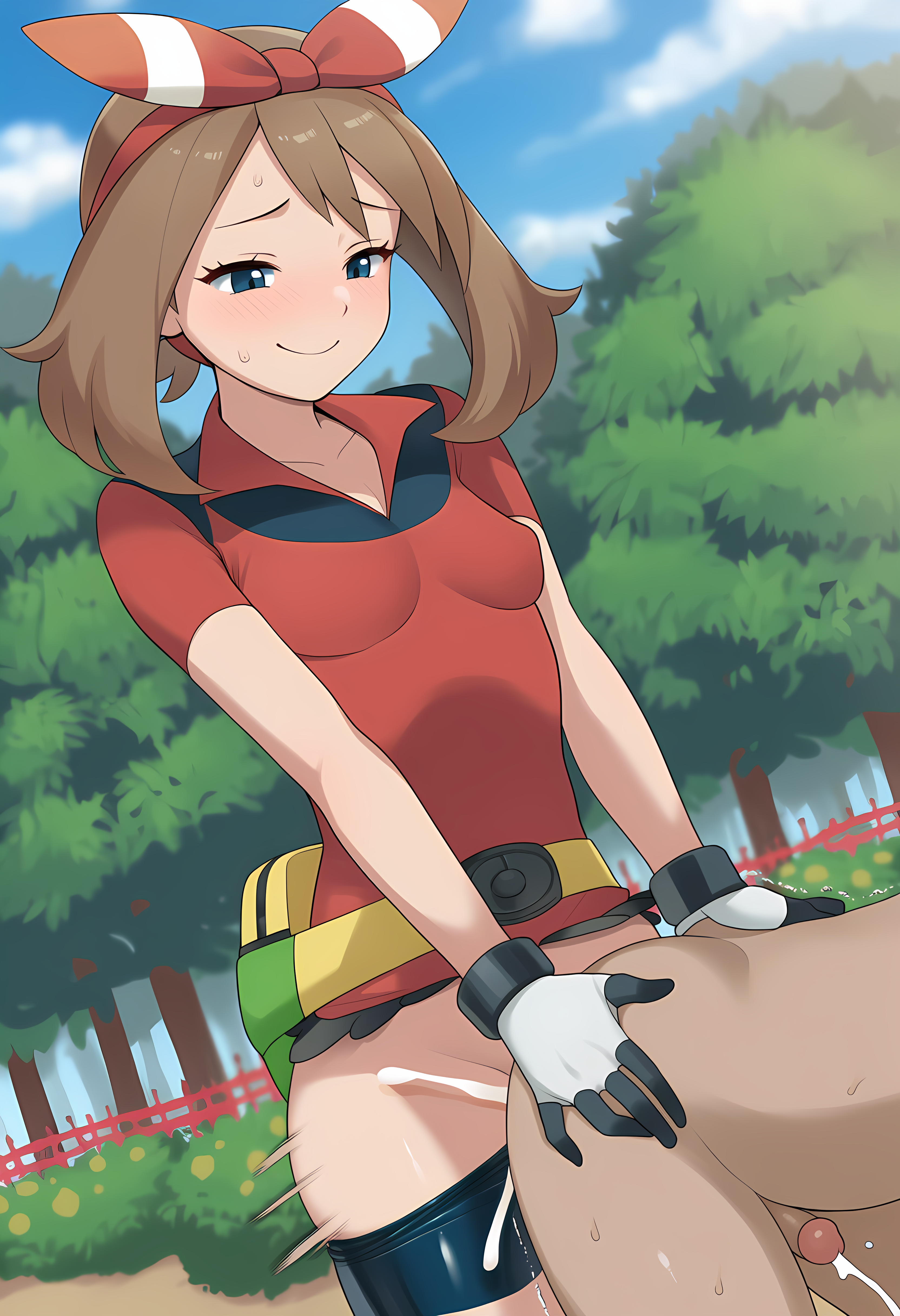 1boy, 1futa, ai generated, anal, ass, breasts, cum, cum in ass, cum while penetrated, futa on male, futanari, intersex, male, may (pokemon), medium breasts, penis, pokemon, small penis, tagme, totalump