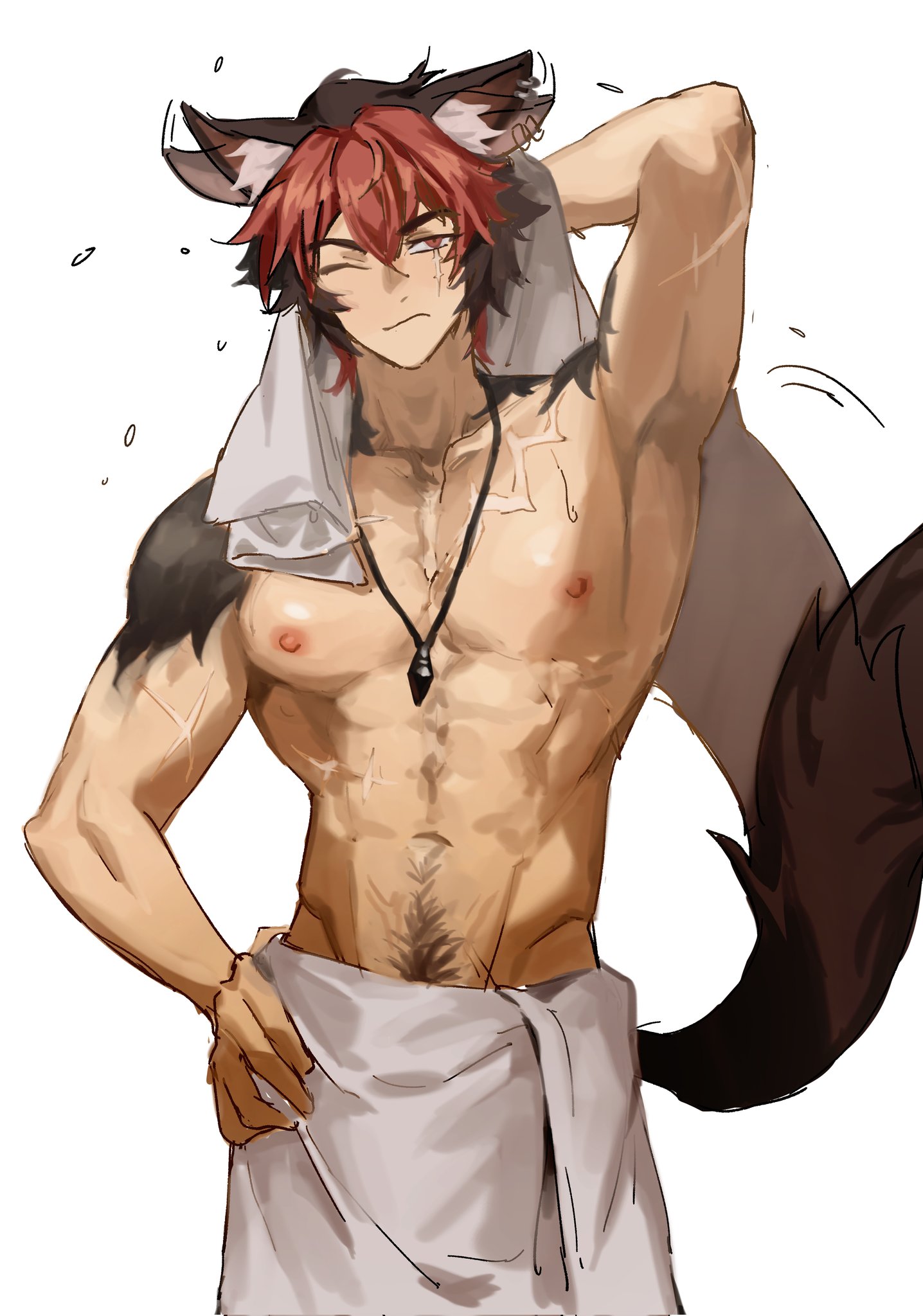 1boy, abs, after shower, armpits, belly button, biceps, big pecs, black hair, blush, collar, drying, drying hair, ear piercing, hairy, hand on hip, kemonomimi, komano manato, looking away, male, male focus, male only, motion lines, muscular, muscular male, nervous, nipples, no visible genitalia, one eye closed, pecs, posing, pubes, pubic hair, red hair, scar, scars, showing off, sol la ti doo, solo, spiky hair, standing, tail, towel, towel around waist, two-tone hair, water, wet, wolf ears, wolf tail, zenless zone zero