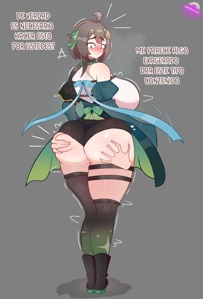 big_ass big_breasts bradleyfun? brown_eyes brown_hair female full_body green_eyes meica short_hair spanish_text standing vtuber