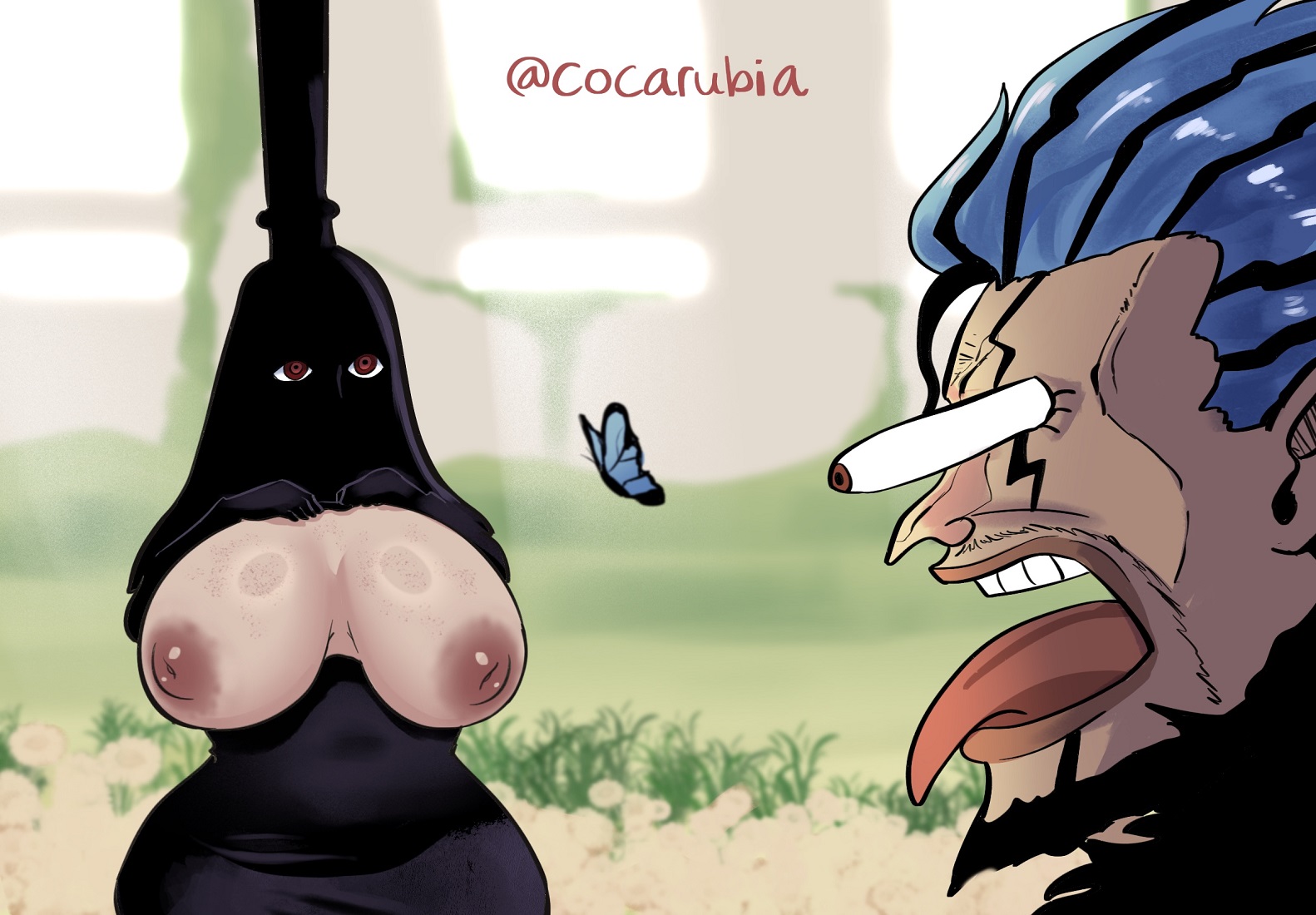 1boy, 1girls, areolae, big breasts, breasts, breasts bigger than head, cocarubia, female, first porn of character, freckles, freckles on breasts, giant breasts, humor, humour, imu, inverted nipples, male, meme, one piece, rocks d xebec, rule 63, undressing