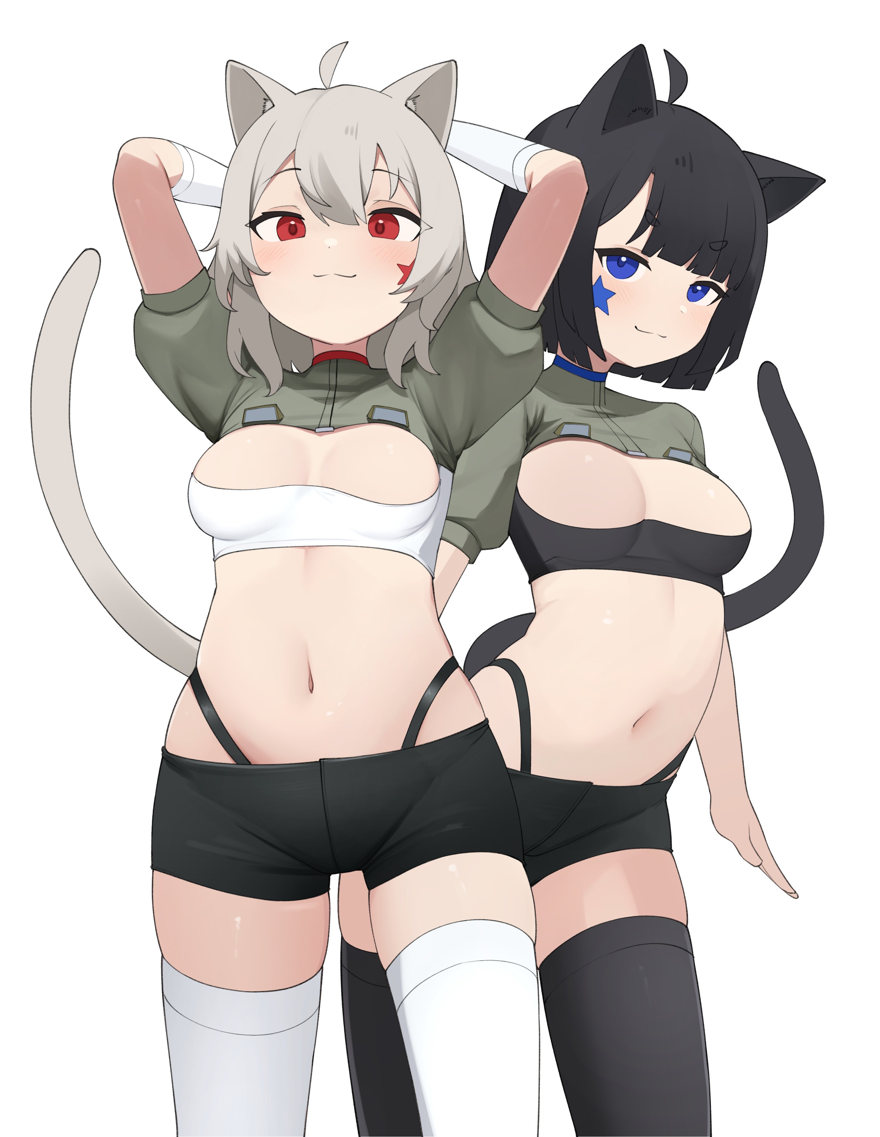 :3, 2girls, black hair, black shorts, black thighhighs, black-haired female, blackcat (daebom), blue eyes, blue-eyed female, bra, breasts, cat ears, cat girl, cat tail, catgirl, daebom, female, female only, gloves, hellcat (daebom), kemonomimi, long gloves, looking at viewer, m18 hellcat, medium breasts, nekomimi, original characters, pasties, red eyes, red-eyed female, short hair, short-haired female, shorts, smug, smug face, star pasties, strapless bra, tagme, thighhighs, war thunder, white gloves, white hair, white thighhighs, white-haired female