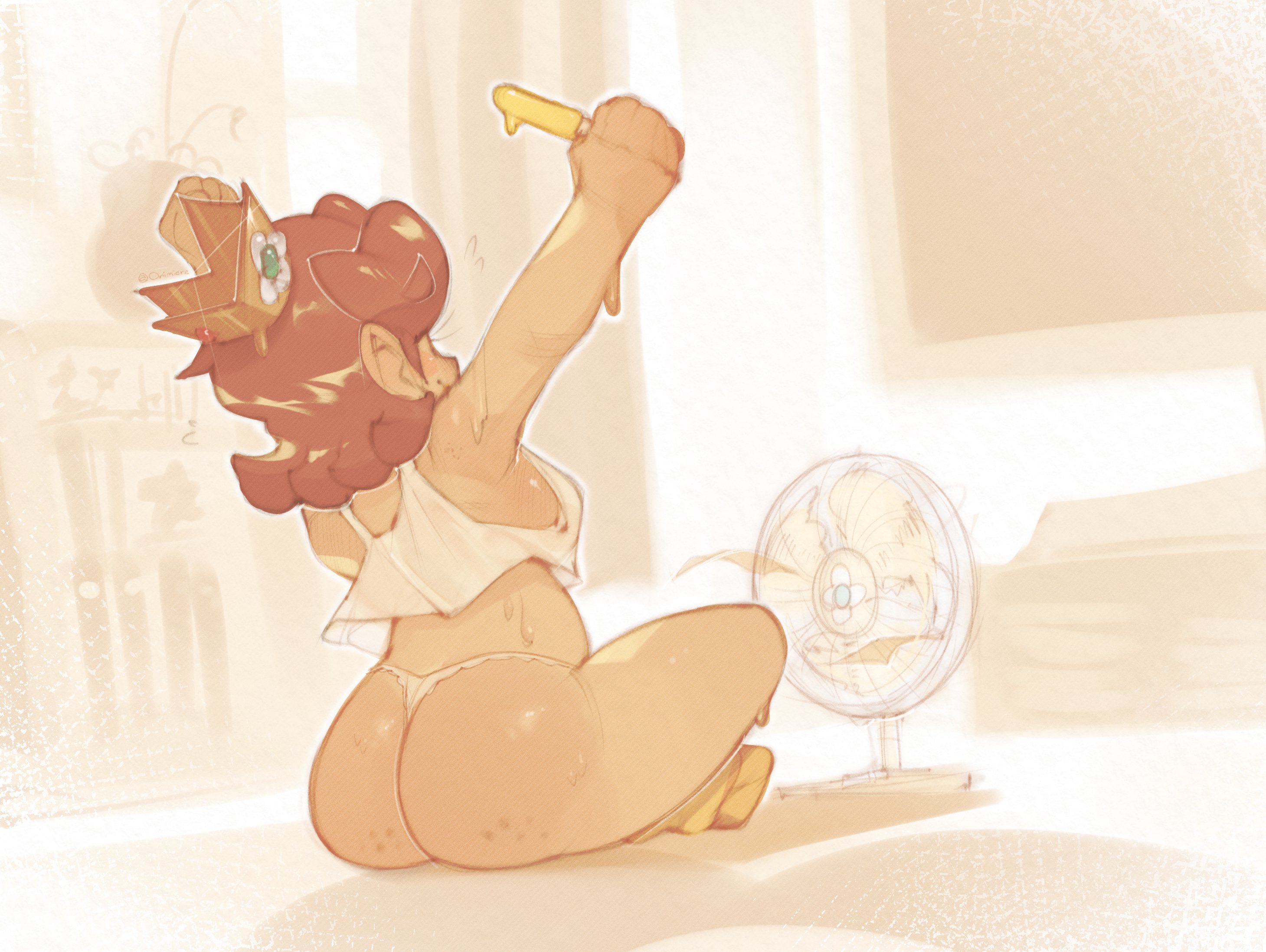 2025, ass, breasts, clothed, clothing, eyebrows, fan, female, footwear, glistening, glistening body, glistening breasts, glistening skin, hi res, human, mario (series), nintendo, on side, onimiere, orange hair, panties, princess daisy, sitting, solo, thong, twitter link, underwear