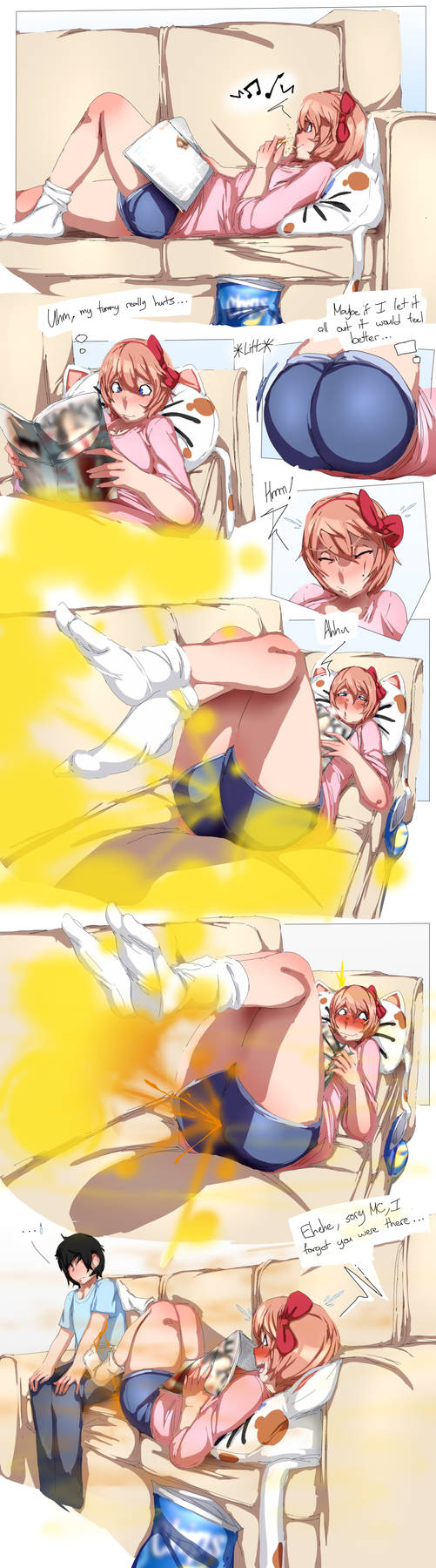..., 1boy, 1girls, apologizing, ass, big ass, doki doki literature club, embarrassed, enjoying farting, fart, fart fetish, female, gassy female, lazei, lying on back, male, mc (doki doki literature club!), reading book, sayori (doki doki literature club), shart, shorts, thinking, thought bubble, unaware