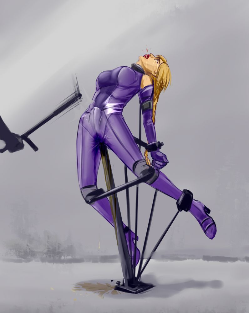 blonde_hair bodysuit bondage braided_hair braided_ponytail breasts clothed death_by_degrees elbow_gloves gloves high_heels namco nina_williams purple_bodysuit purple_gloves ryona sect18 tears tekken tonfa torture