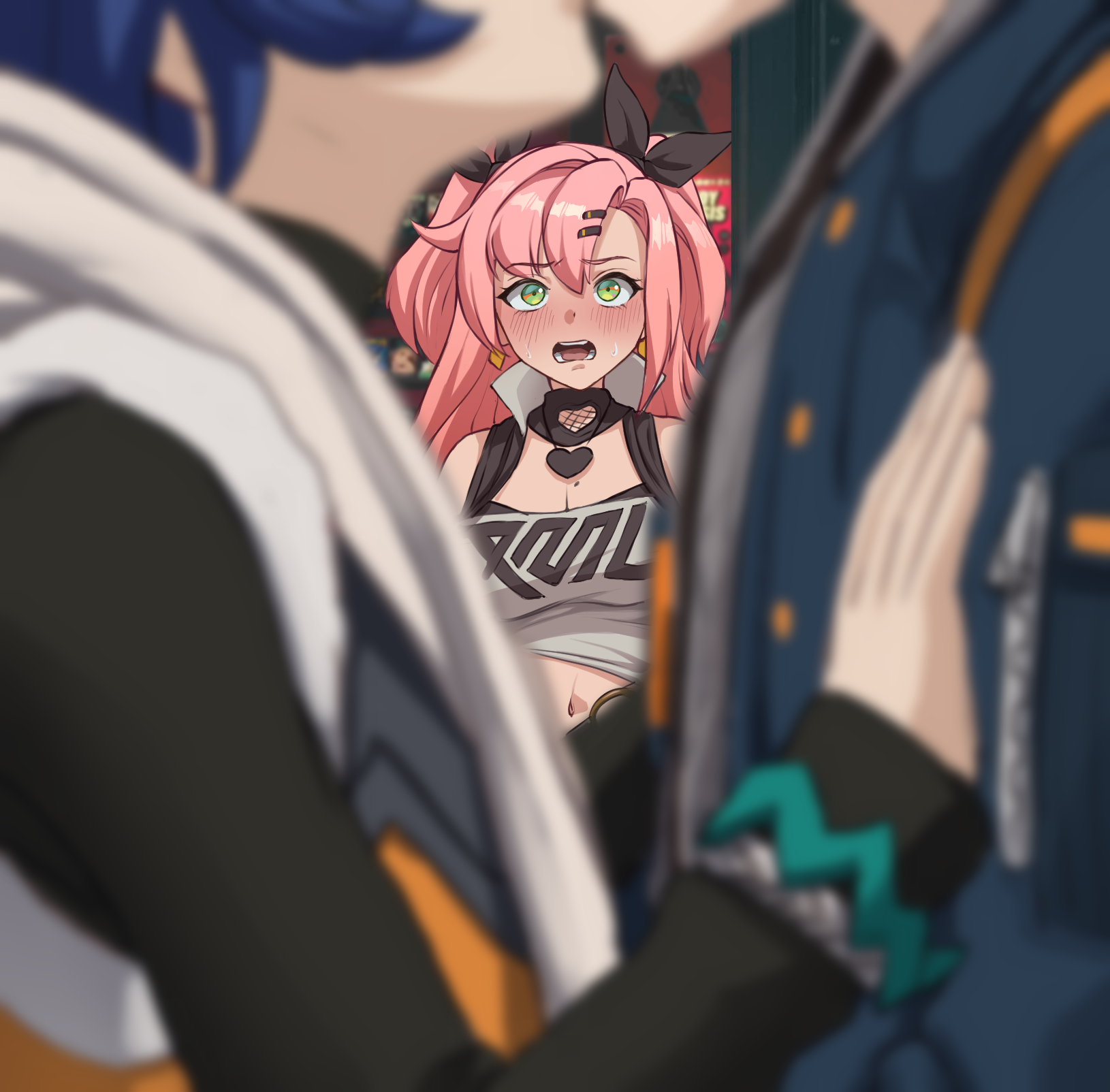1boy, 2girls, belle (zenless zone zero), big breasts, blue hair, blush, blushing, breasts, brother and sister, caught, caught in the act, clothed, clothing, depth of field, female, fully clothed, green eyes, highres, incest, kissing, large breasts, looking at another, luizhtx, male, navel, nicole demara, pink hair, short hair, wise (zenless zone zero), zenless zone zero