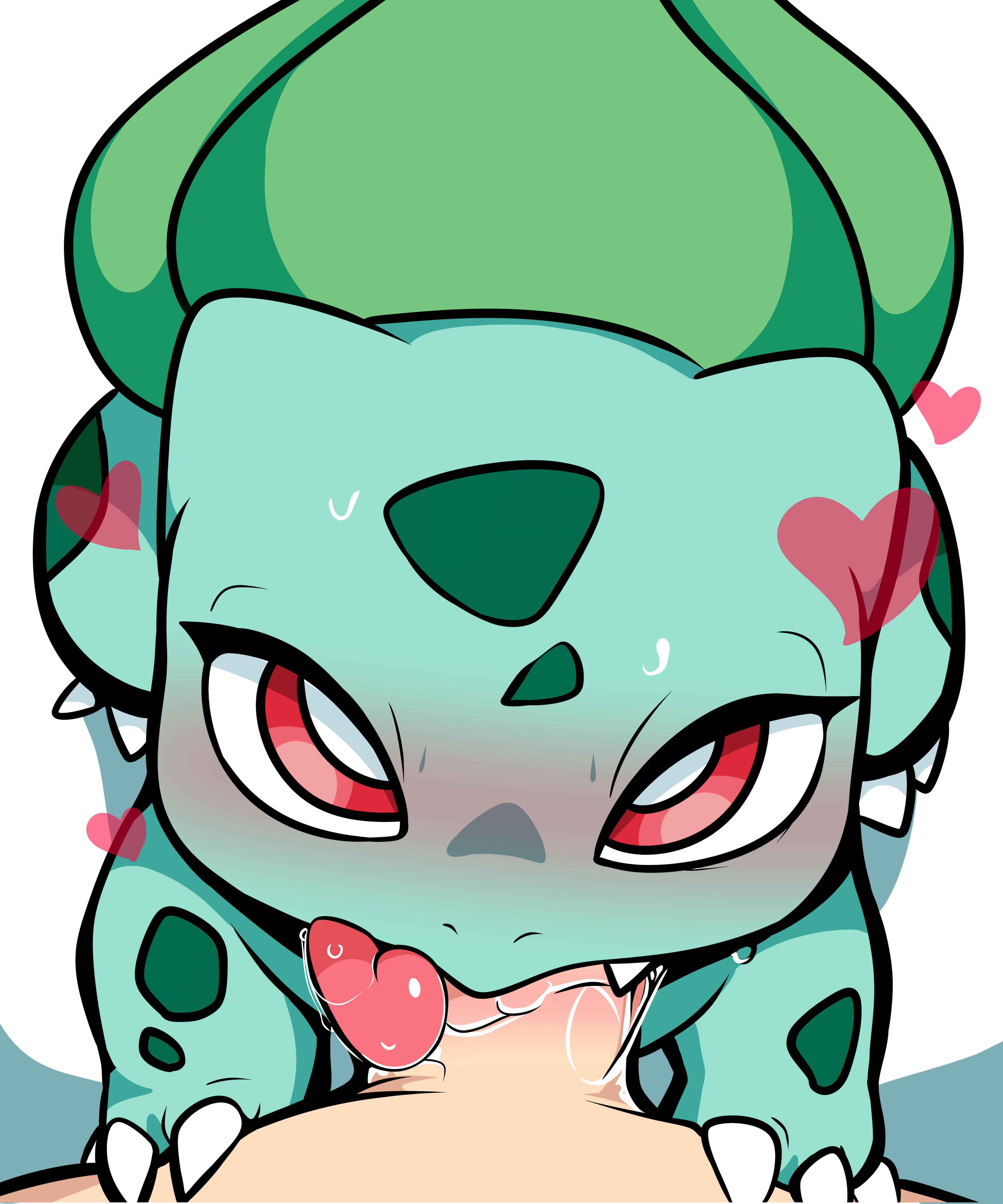 ambiguous gender, blowjob, bulbasaur, drool, drooling, fellatio from feral, feral, feral on human, furry, heart, hi res, looking at viewer, lustballart, male, male/ambiguous, nintendo, oral, oral sex, pokemon, pokemon (species), pokephilia, tongue out blowjob, yttriumi2f, zoophilia