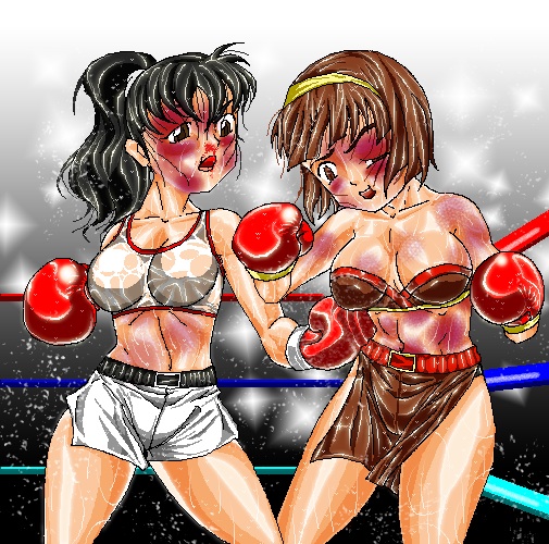 2girls arena black_hair blood boxer boxing boxing_gloves boxing_ring boxing_skirt breasts brown_hair bruised_eye bruises catfight cleavage contemporary female female_only fight fighting_ring gloves hairband higurashi_kagome human inuyasha kagome_higurashi midriff momiji_(inuyasha) mouthguard patriot1776 pugilismx punch red_boxing_gloves red_gloves shiny_skin short_hair sports_bra sweat thick thick_thighs thighs tied_hair violence wide_hips