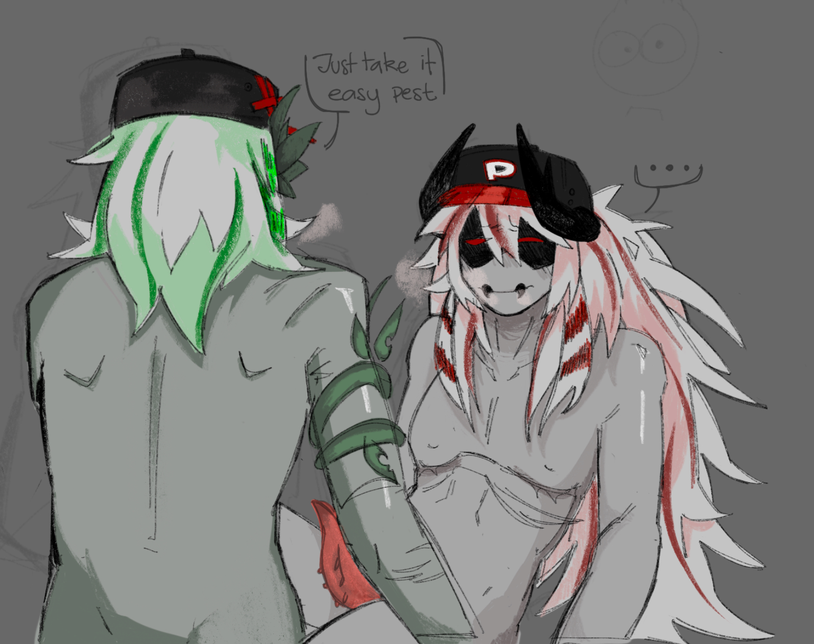 2boys, block tales, completely nude, crossover, dialogue, english text, gay, griefer (block tales), k4sper , male, male only, male/male, mastectomy scar, naked, nude, nude male, pest (regretevator), regretevator, roblox, roblox game, robloxian, self upload, simple background, speech bubble, spoken ellipsis, tagme, text, transgender, transman, transmasc, white hair