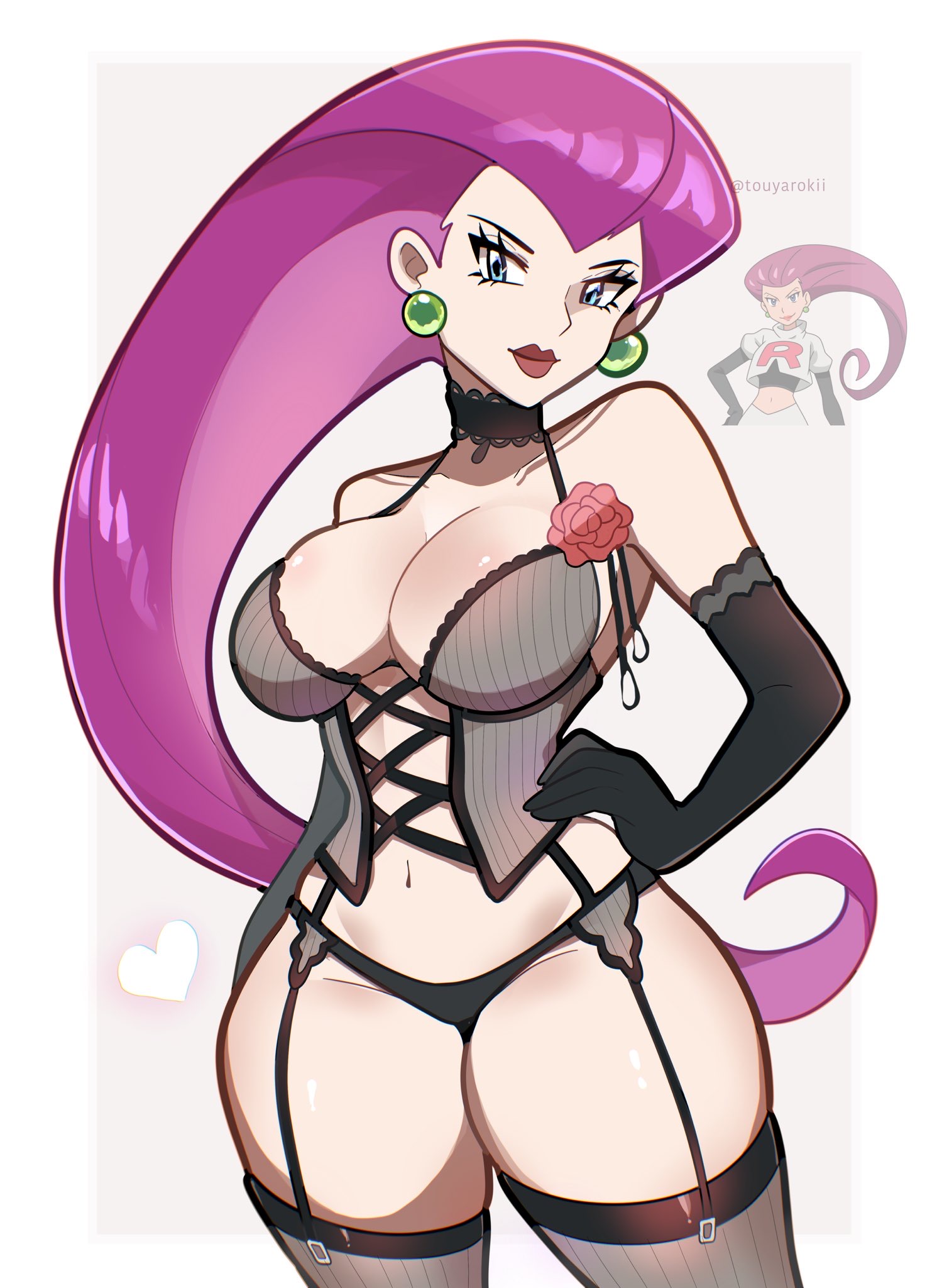 1girls, blue eyes, breasts, female, female focus, female only, jessie (pokemon), large breasts, light skin, light-skinned female, lingerie, long hair, looking at viewer, nintendo, pokemon, rose (flower), solo, thick thighs, thighhighs, thighs, touyarokii, white background, wide hips