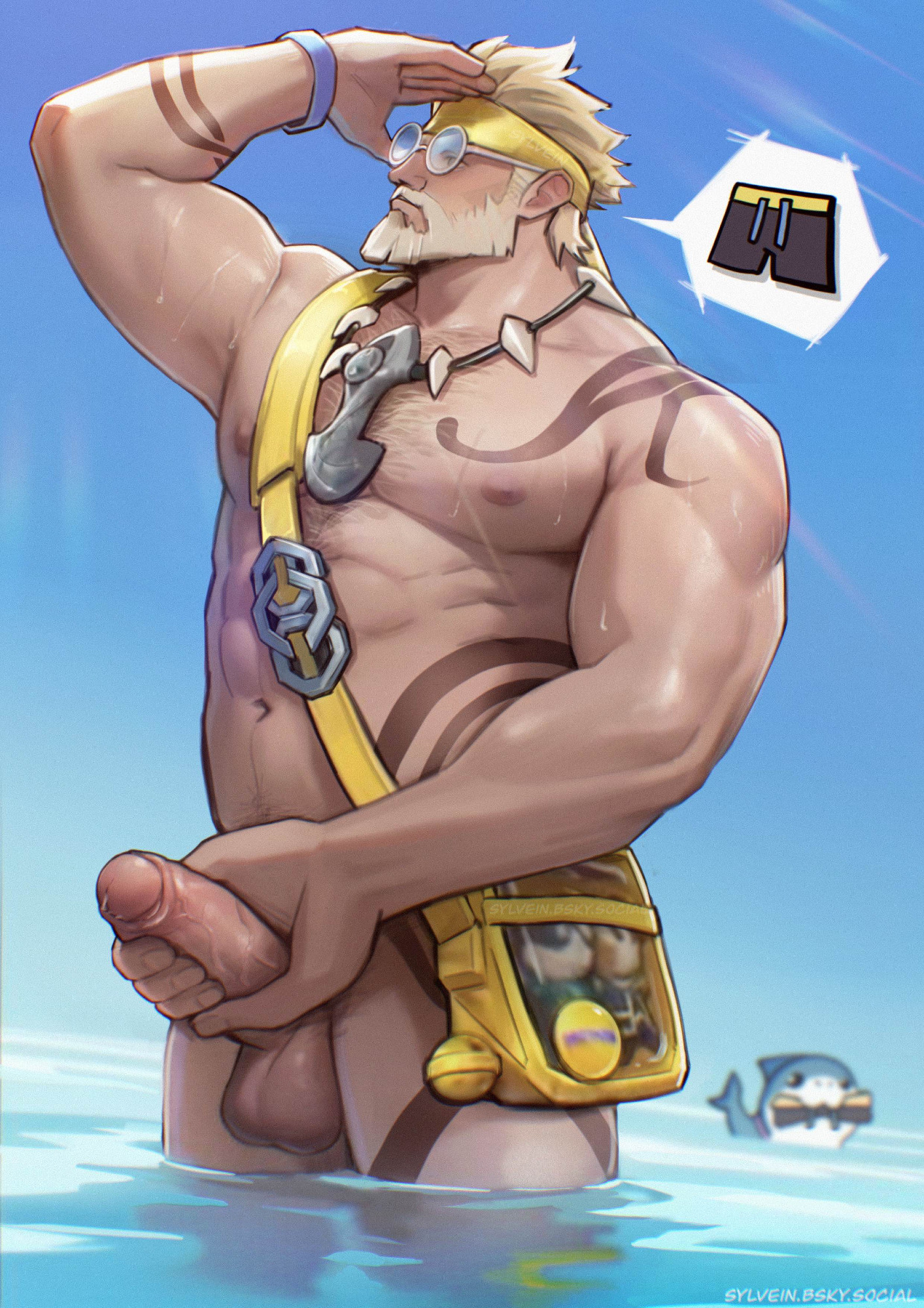 abs, artist name, artist signature, balls, bara, beard, bracelet, chest hair, clueless, doll, erection, fanny pack, hand on penis, headband, in water, jeff the land shark, male, male focus, male only, marvel, marvel comics, marvel rivals, muscular, muscular male, necklace, no pants, oblivious, ocean, pendant, penis, pubic hair peek, see-through bag, sky, sunglasses, sylvein art, tattoo, thor (marvel rivals), thor (marvel), thor (worthy waves), trunks, veiny penis, yaoi