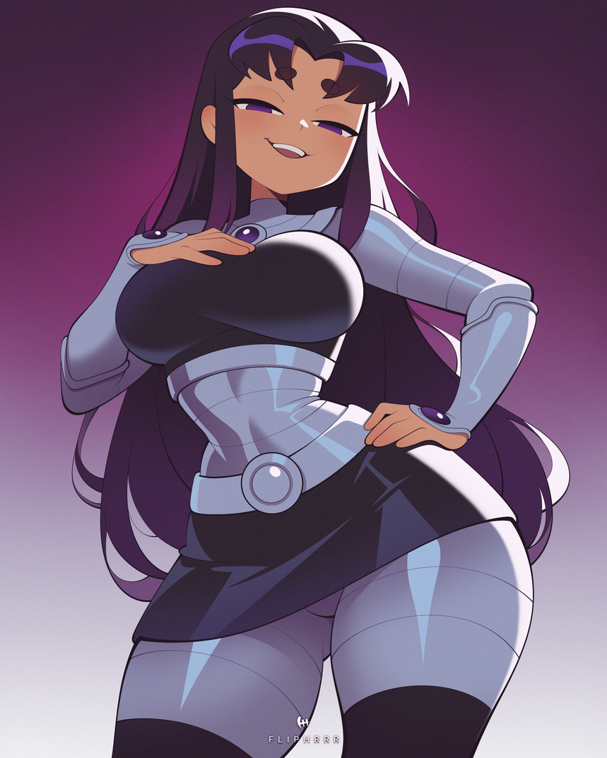 alien, alien girl, artist logo, artist name, ass, big ass, big butt, blackfire, breasts, dc, dc comics, eyebrows, eyebrows visible through hair, female, flipherrrr, fliphrrr, fully clothed, hand on breast, hand on hip, hourglass figure, looking at viewer, looking down, purple eyes, purple hair, simple background, smile, smiling, smiling at viewer, solo, solo female, tamaranean, teen titans, thick ass, thick hips, upskirt