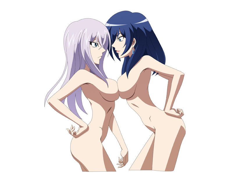 2girls angry arm armpits arms asaka_narumi ass bare_shoulders blue_eyes blue_hair breast_press breasts cardfight!!_vanguard earrings eye_contact eyes female hair hand_on_hip legs lipstick long_hair looking_at_another misaki_tokura multiple_girls narumi_asaka naughty_face nude sexfight sideboob silver_hair smile symmetrical_docking white_hair yuri