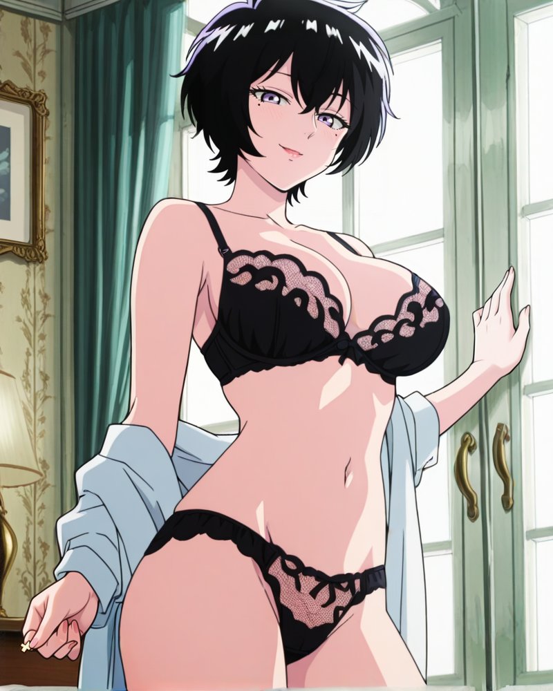 aerolae, ai generated, ass, ass focus, bed, bedroom, big breasts, black lingerie, boob focus, bra, breast focus, breasts, breasts focus, eyeglasses, female, glasses, kowloon generic romance, kujirai reiko, naked female, nipples, nude, nude female, pussy, vagina