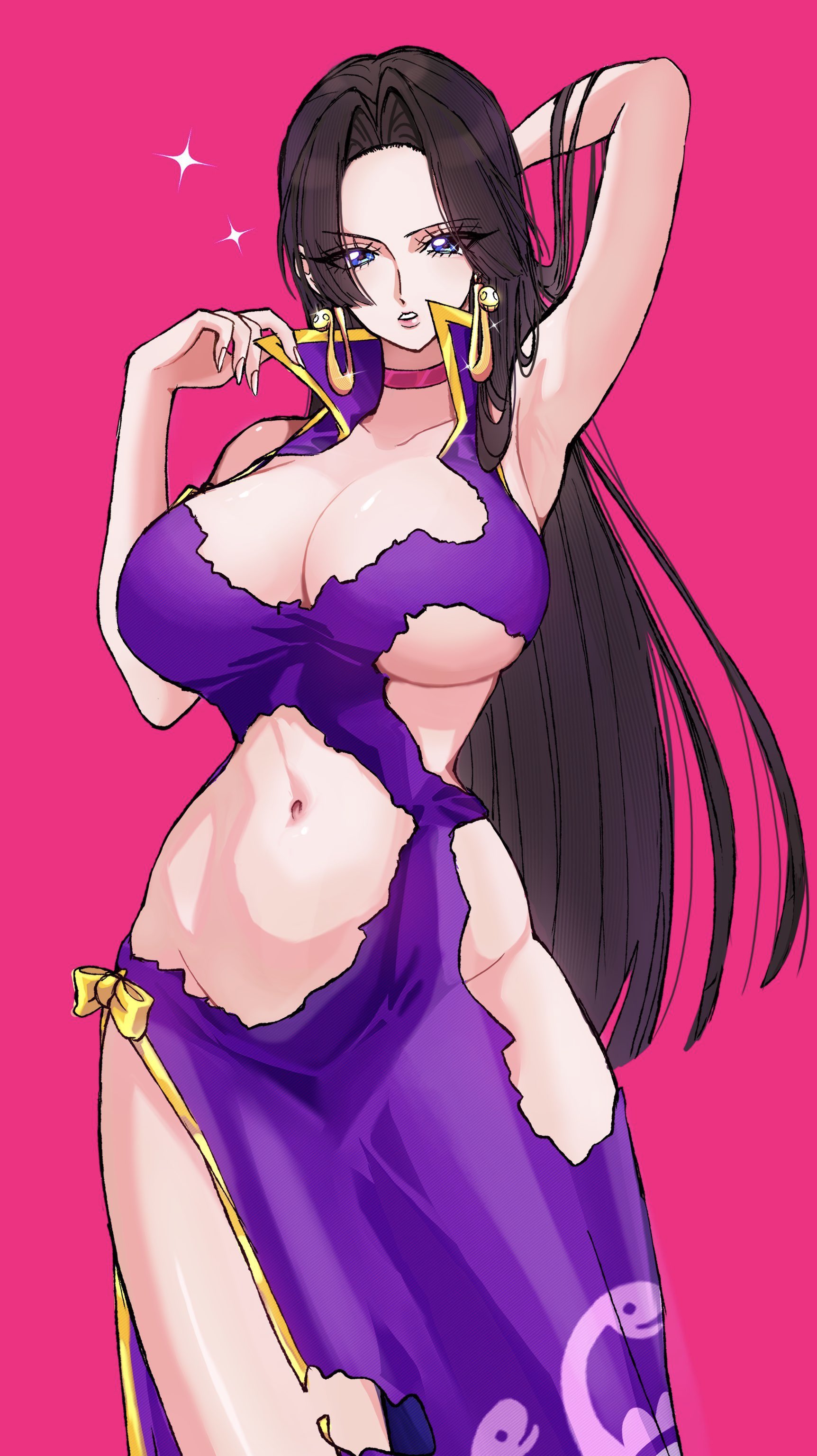 1girls, artist request, big breasts, black hair, black-haired female, boa hancock, breasts, earrings, female, female focus, female only, long hair, one piece, ripped clothing, shounen jump, solo, solo female, solo focus, torn clothing