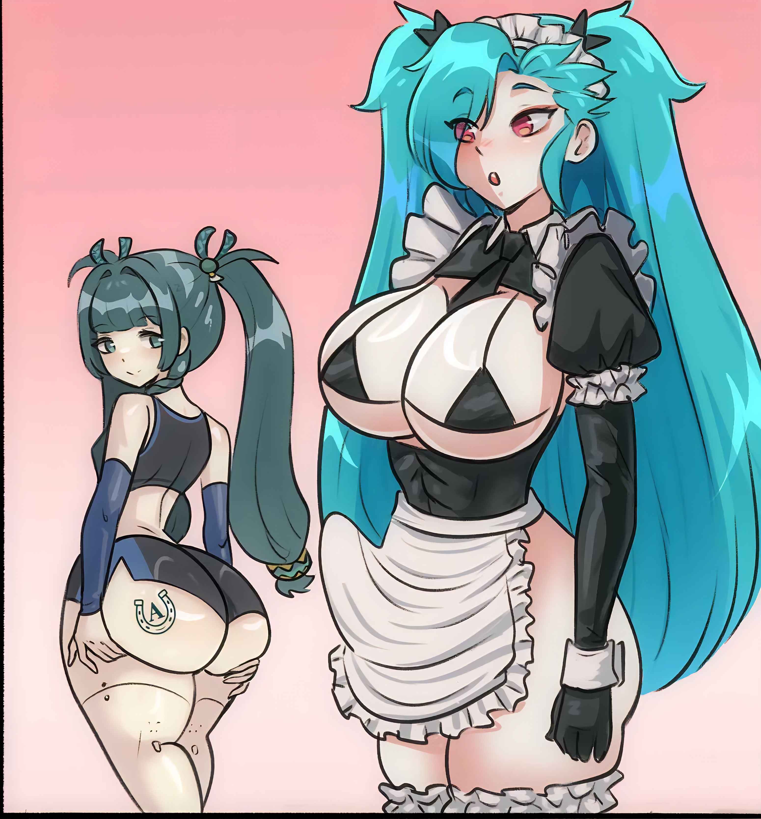 1futa, akeno (itsnafulol), apron, apron lift, ass, ass focus, bikini, blue hair, blush, branded, breasts, cleavage, clothes lift, coffeexcoco, erection, female, futa on female, futa with female, futadom, futanari, grabbing own ass, green eyes, green hair, hairband, height difference, horseshoe tattoo, huge ass, huge breasts, imminent penetration, imminent sex, joints, long hair, looking at another, looking back, maid, maid apron, maid bikini, maid headdress, open mouth, pink eyes, presenting, presenting ass, qingyi (zenless zone zero), queen of akeno, robot, robot girl, robot joints, size difference, skirt, skirt lift, smile, sports bra, surprised, swimsuit, teasing, thick thighs, thighs, twintails, unconventional maid, variant set, wide hips, zenless zone zero