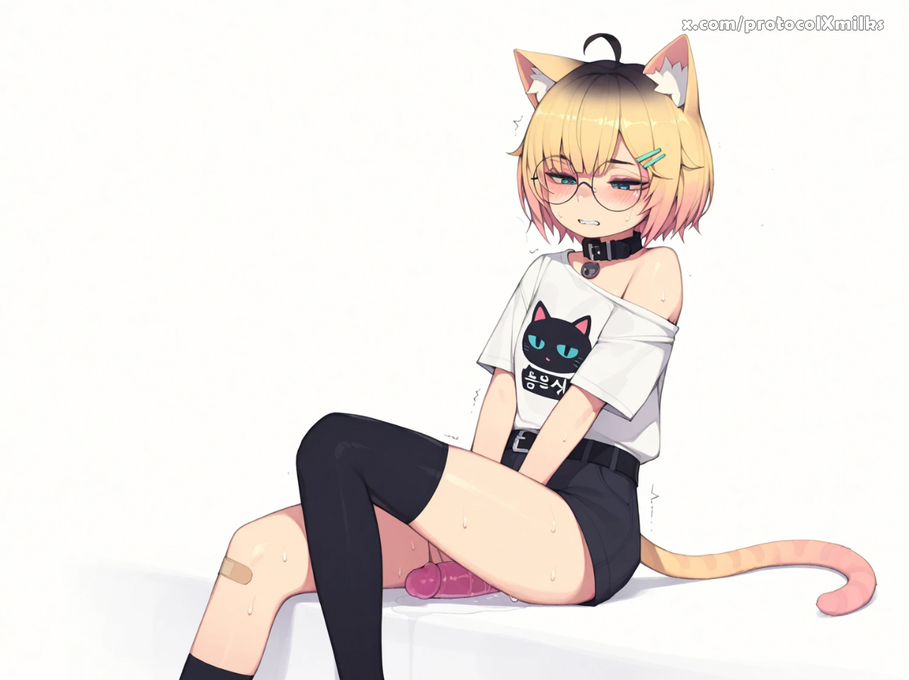 1girl, ahegao, ai generated, animal ear fluff, animal ears, bangs, blunt bangs, blush, breasts, cum, cute face, dildo, dildo in pussy, dildo insertion, english text, female, female masturbation, female only, hair ornament, kneehighs, masturbation, object insertion, off shoulder, open mouth, orgasm, protocolxmilks, pussy, pussy juice, schoolgirl, sex toy, simple background, sitting, small breasts, socks, solo, solo female, spot color, sweat, tail, tiger ears, tiger girl, tiger tail, trembling, uncensored, virtual youtuber, white background