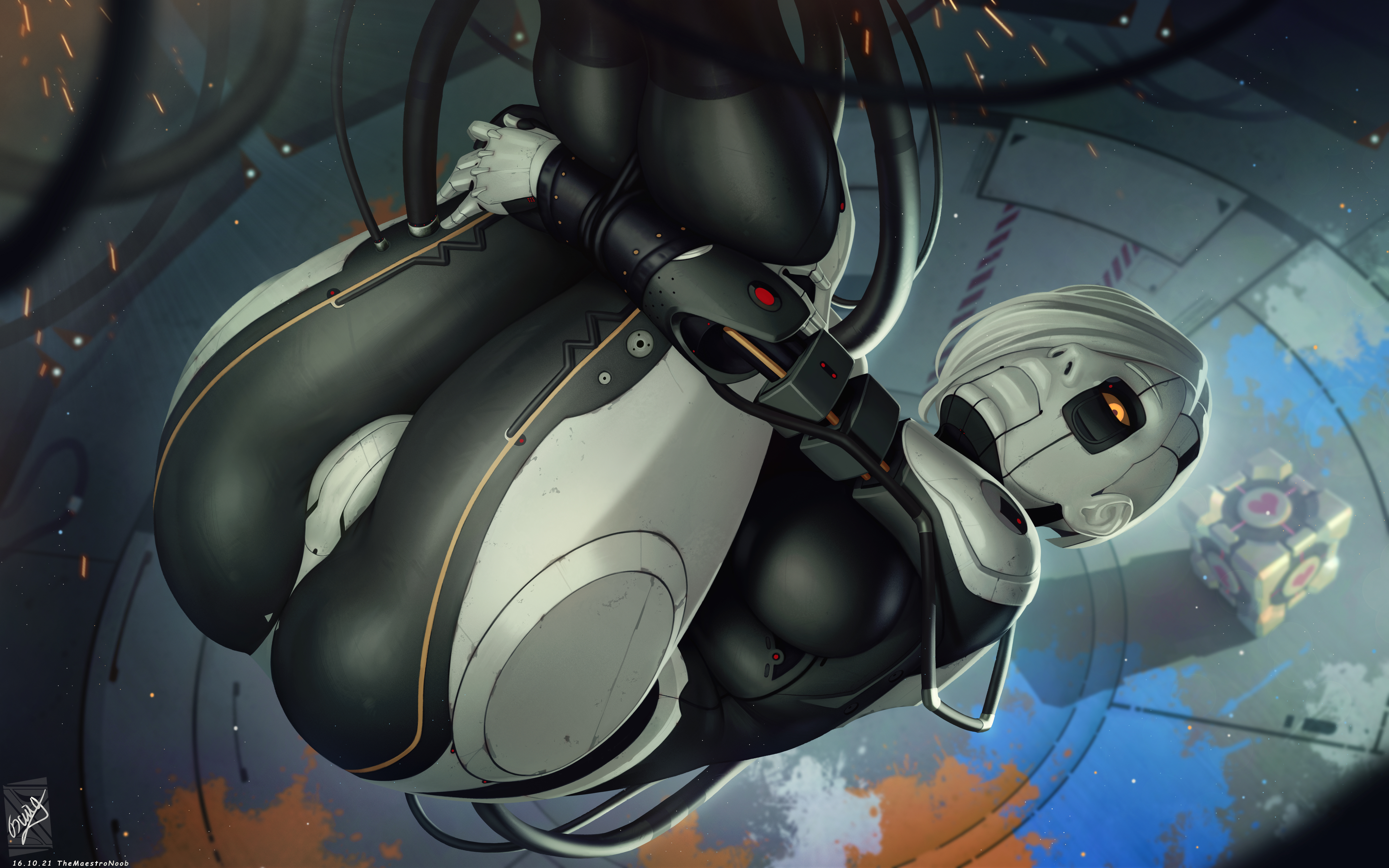 1girls, 2d, ass, big breasts, breasts, female, female only, glados, glados (humanoid), humanoid, large breasts, looking at viewer, no nipples, portal (series), robot, robot girl, robot humanoid, solo, themaestronoob, thick thighs, wide hips