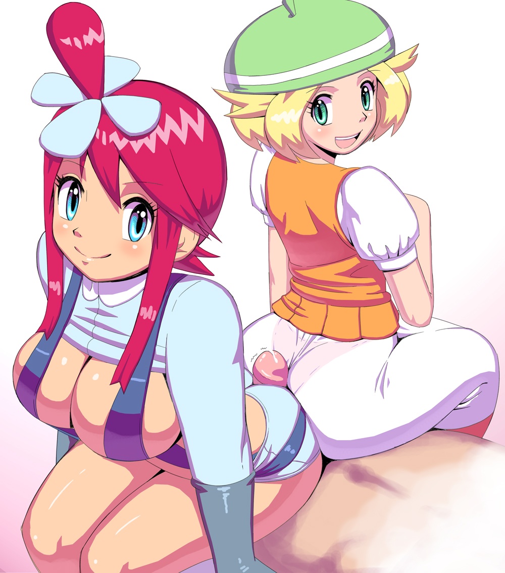 2girls apostle ass bianca_(pokemon) blonde_hair blue_eyes breasts buttjob cfnm cleavage cum double_buttjob faceless_male female green_eyes gym_leader human human_only large_breasts looking_at_viewer male nintendo outercourse pokemon pokemon_bw pokemon_bw2 pokemon_trainer red_hair skyla_(pokemon) smile straight