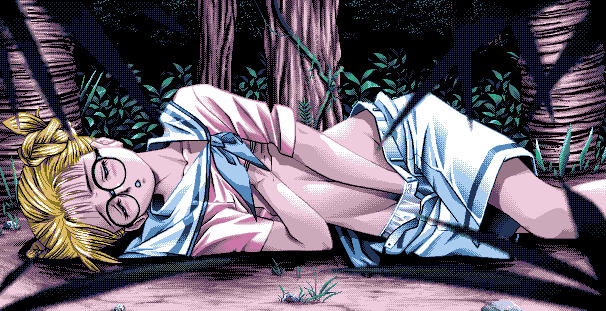 4bpp 90s blonde_hair blush breast_grab closed_eyes fingering game_cg glasses groping hand_in_panties lying masturbation oldschool outdoors panties pc98 pixel shirt_lift shorts shorts_pull silky's solo tree underwear ushinawareta_rakuen