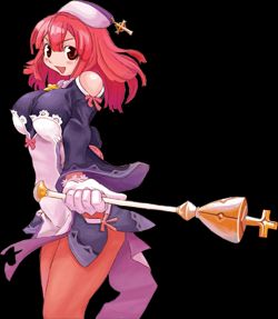 1girls bare_shoulders blush breasts cross female gloves la_pucelle_tactics large_breasts long_hair lowres nippon_ichi_software official_art open_mouth priere red_hair smile solo staff