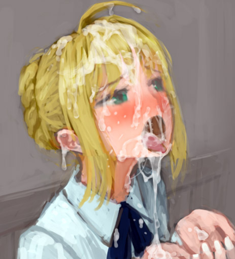 artoria_pendragon bukkake cum cum_on_hair cupping_hands fate/zero fate_(series) open_mouth saber tongue tongue_out trodh