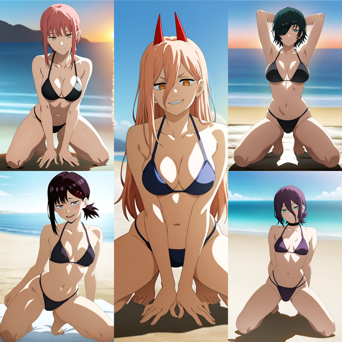 5girls, ai generated, bikini, black bikini, black hair, blonde hair, blue bikini, chainsaw man, clothed, clothed female, duderu vanilla, eye patch, female, female only, higashiyama kobeni, himeno (chainsaw man), horns, kneeling, makima (chainsaw man), multiple girls, power (chainsaw man), purple bikini, purple hair, red hair, reze (chainsaw man), swimsuit