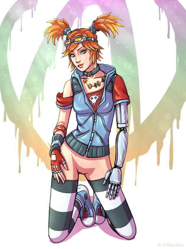 armor borderlands borderlands_2 clothed gaige_(borderlands) green_eyes h1kar1ko looking_at_viewer no_panties red_hair thighhighs