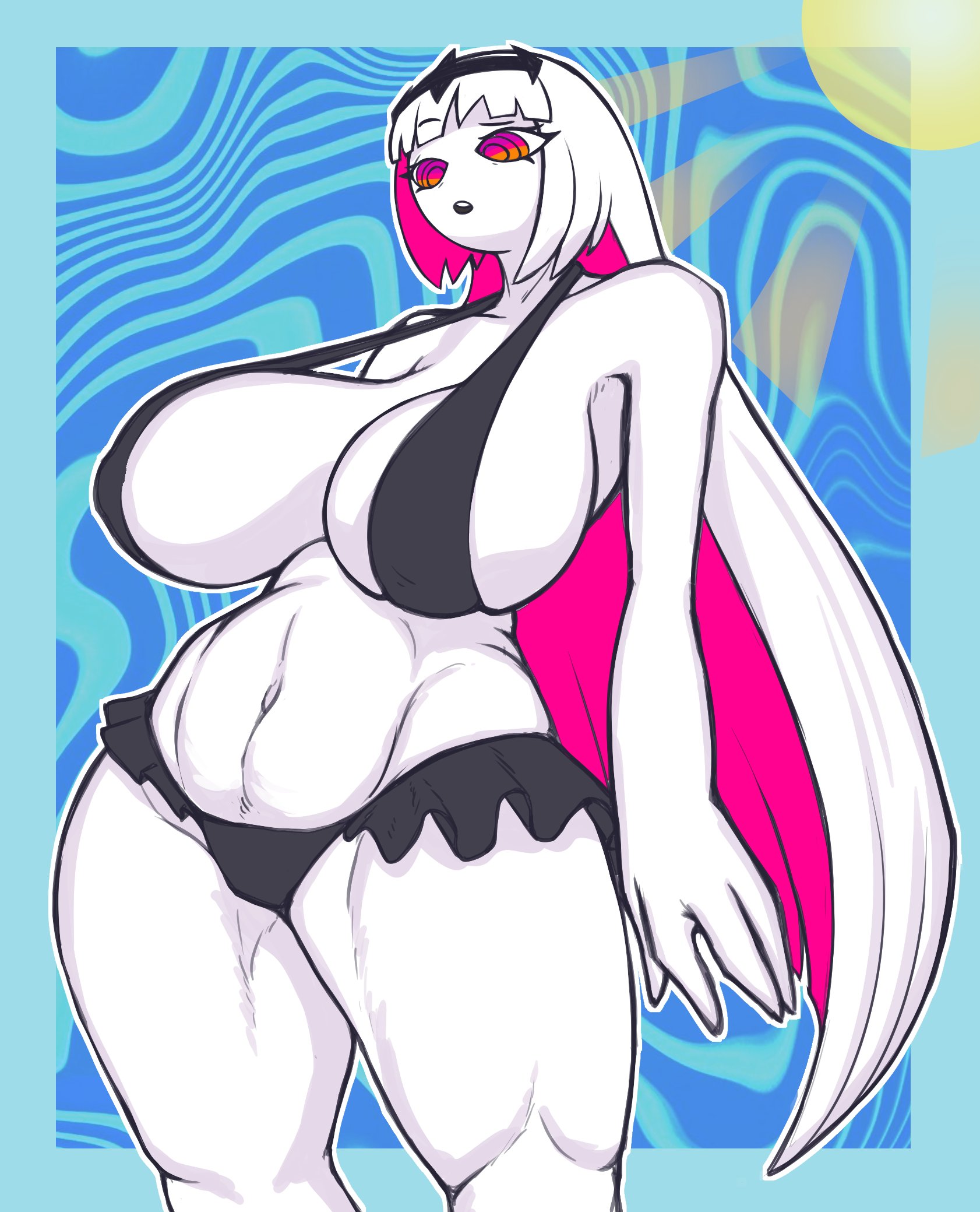 1girl, 4 fingers, anthro, areolae, artist name, belly, belly button, big breasts, black bikini, breasts, curvaceous, curvaceous body, curvaceous female, curvaceous figure, curvy, curvy body, curvy female, curvy figure, curvy hips, eyelashes, female, female focus, female only, friday night funkin, friday night funkin mod, friday night funkin: entity, gigantic breasts, gigantic thighs, huge breasts, large breasts, long hair, looking down, nikusa (fnf), nikusa (sugarratio), open mouth, pink eyes, pink hair, solo, solo focus, spicynewbie, sun, thick breasts, thick hips, thick legs, thick thighs, thighs, voluptuous, voluptuous female, white body, white hair, white skin, wide hips, yellow eyes